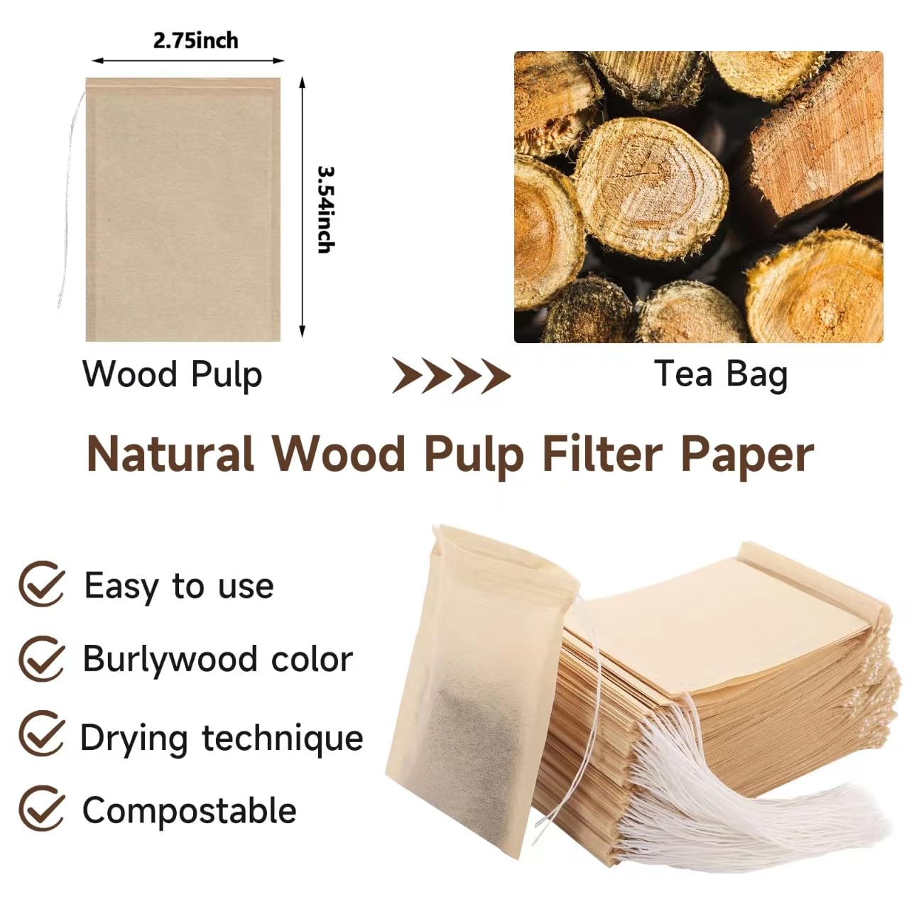 200Pcs Disposable Tea Filter Bags - Natural Unbleached Empty Tea Bags for Loose Leaf Tea, Coffee, Herbs & Spices (3.54 x 2.75 inch) - Perfect for Home Brewing, Office Use & DIY Tea Blends
