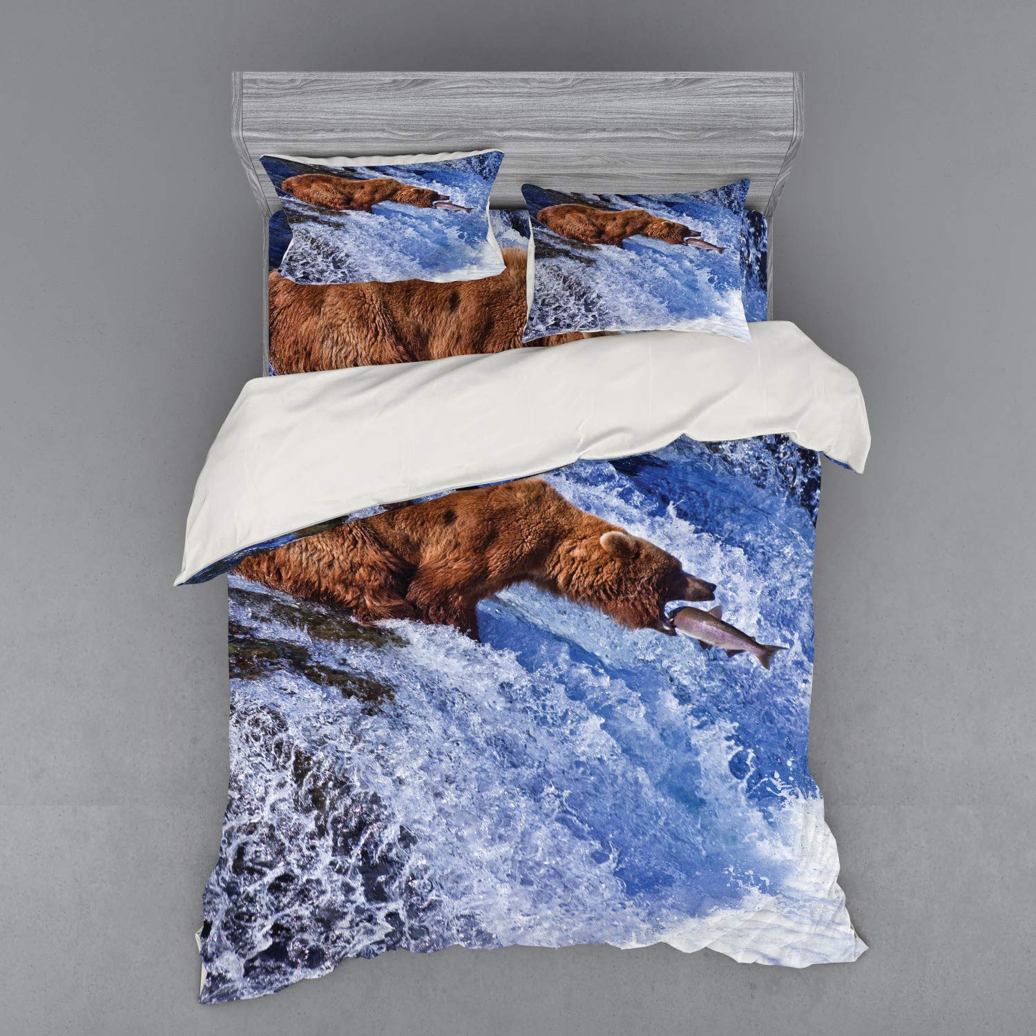 Ambesonne Nature Duvet Cover Set - Grizzly Bear at Katmai National Park Alaska Waterfall Wildlife Design, 4-Piece Queen Size Bedding Set with Shams & Fitted Sheet in White & Brown | Perfect for Wildlife Lovers' Bedrooms, Cozy Cabin Retreats & Nature-Inspired Home Decor
