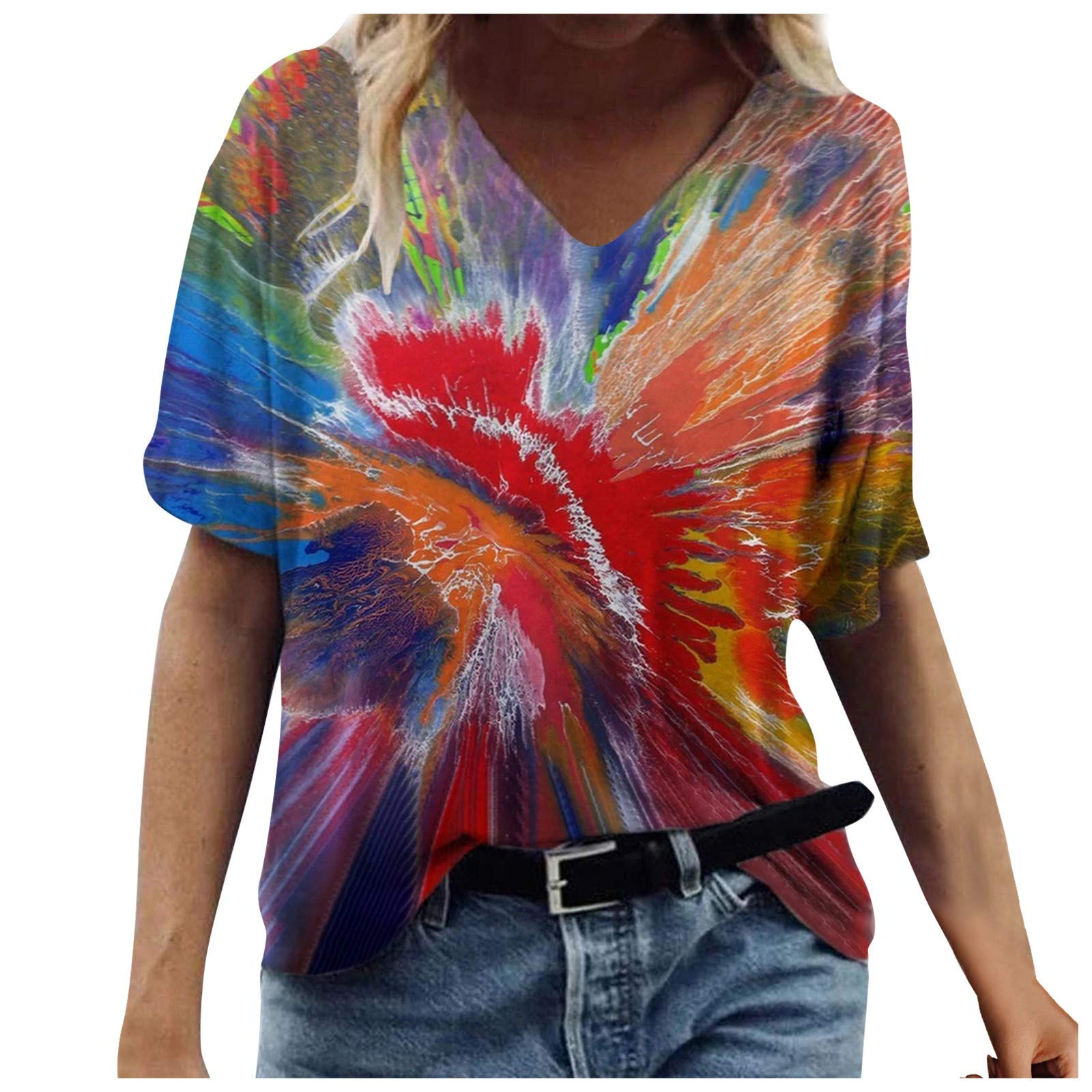 Women's Summer V-Neck Short Sleeve T-Shirts - Cute Printed Casual Blouse & Loose Fit Graphic Tee Tunic Top for Beach, Travel & Everyday Wear