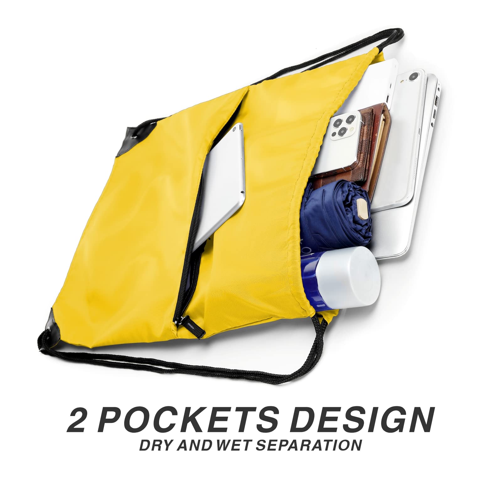 210D Nylon Drawstring Backpack with Zipper Side Pocket - Foldable Lightweight Sports Gym Tote Bag for Men & Women (Yellow) - Perfect for Workouts, Travel, and Outdoor Activities