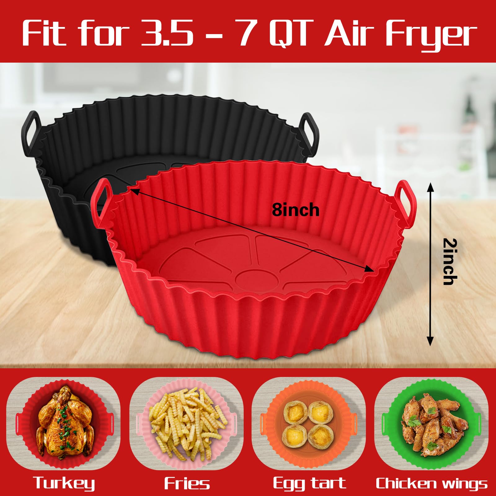 2 Pack 8 Inch Reusable Silicone Air Fryer Liners - Non-Stick Round Basket for 3.5-7 QT Air Fryers, Ovens & Microwaves (Black+Red) - Perfect for Baking, Roasting & Reheating Food Without Mess