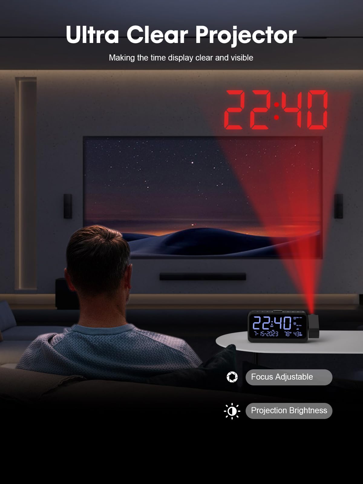ROCAM Digital Projection Alarm Clock with 180° Ceiling/Wall Display - Dual Alarm, Temperature & Humidity Sensor, 2 USB Ports, Adjustable Brightness for Bedrooms | Perfect for Home, Office, Dorm Room with Weekday/Weekend Mode & Snooze Function