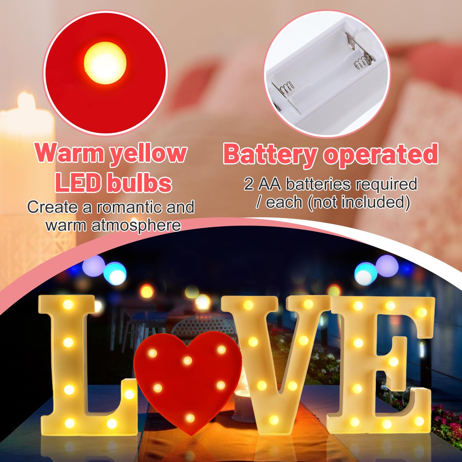 Valentine's Day LED Heart & Letter Marquee Light - Romantic Battery Operated Neon Decor for Wedding, Anniversary, Honeymoon & Special Nights - Perfect for Bedroom, Party & Proposal Decorations
