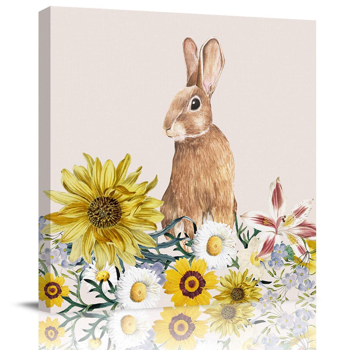 Sunflower Rabbit Easter Day Square Canvas Wall Art - 24x24in Oil Painting for Bedroom & Living Room Decor - Yellow Flower Home Wall Decor Without Frame - Perfect for Spring Decorations & Easter Gift Ideas