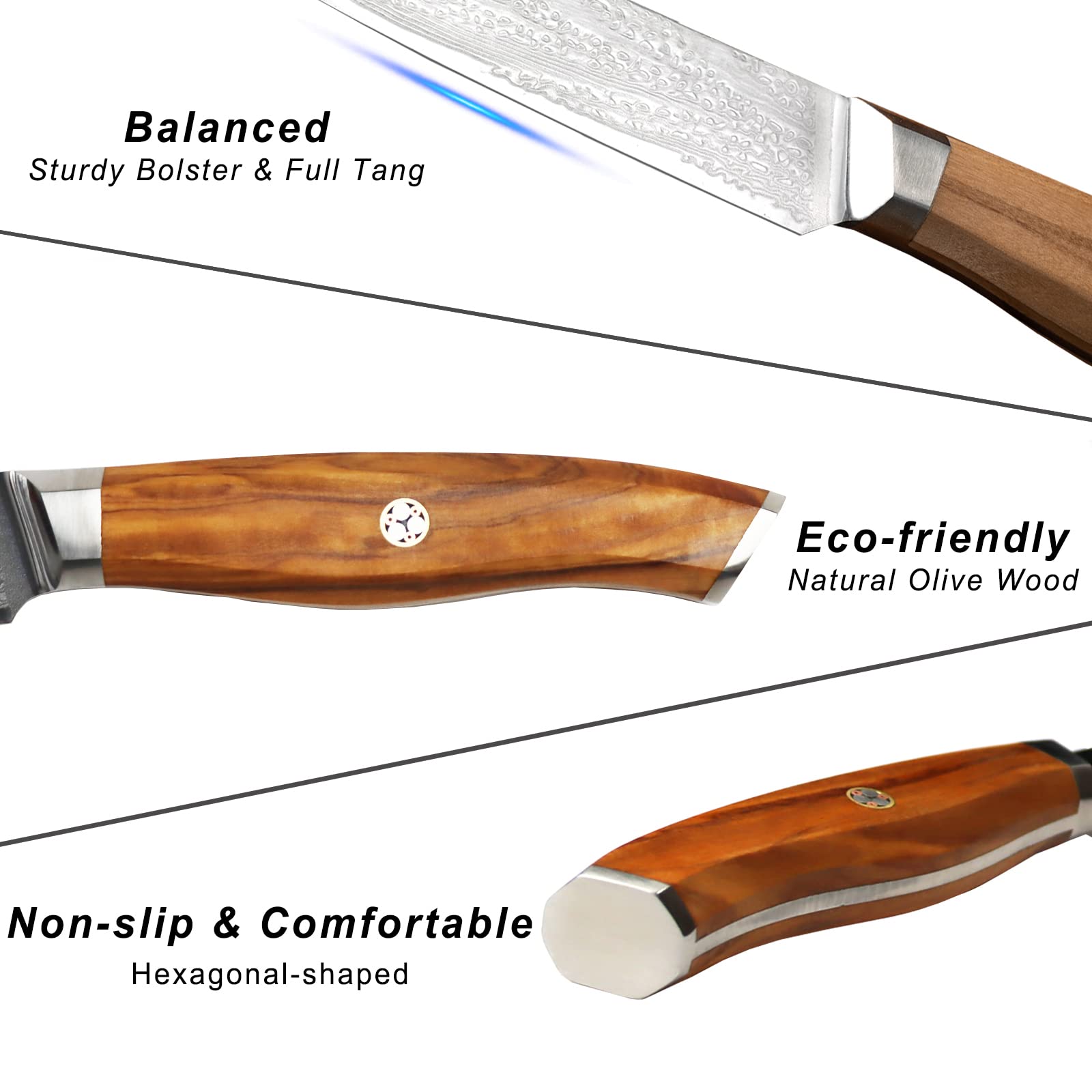 Premium 6-Piece Steak Knife Set - 5 Inch Damascus Steel Blades, Ultra-Sharp VG10 Japanese Steel, Rust-Resistant & Durable - Olive Wood Handle Non-Serrated Steak Knives in Gift Box - Perfect for Fine Dining, BBQ Parties & Gourmet Cooking