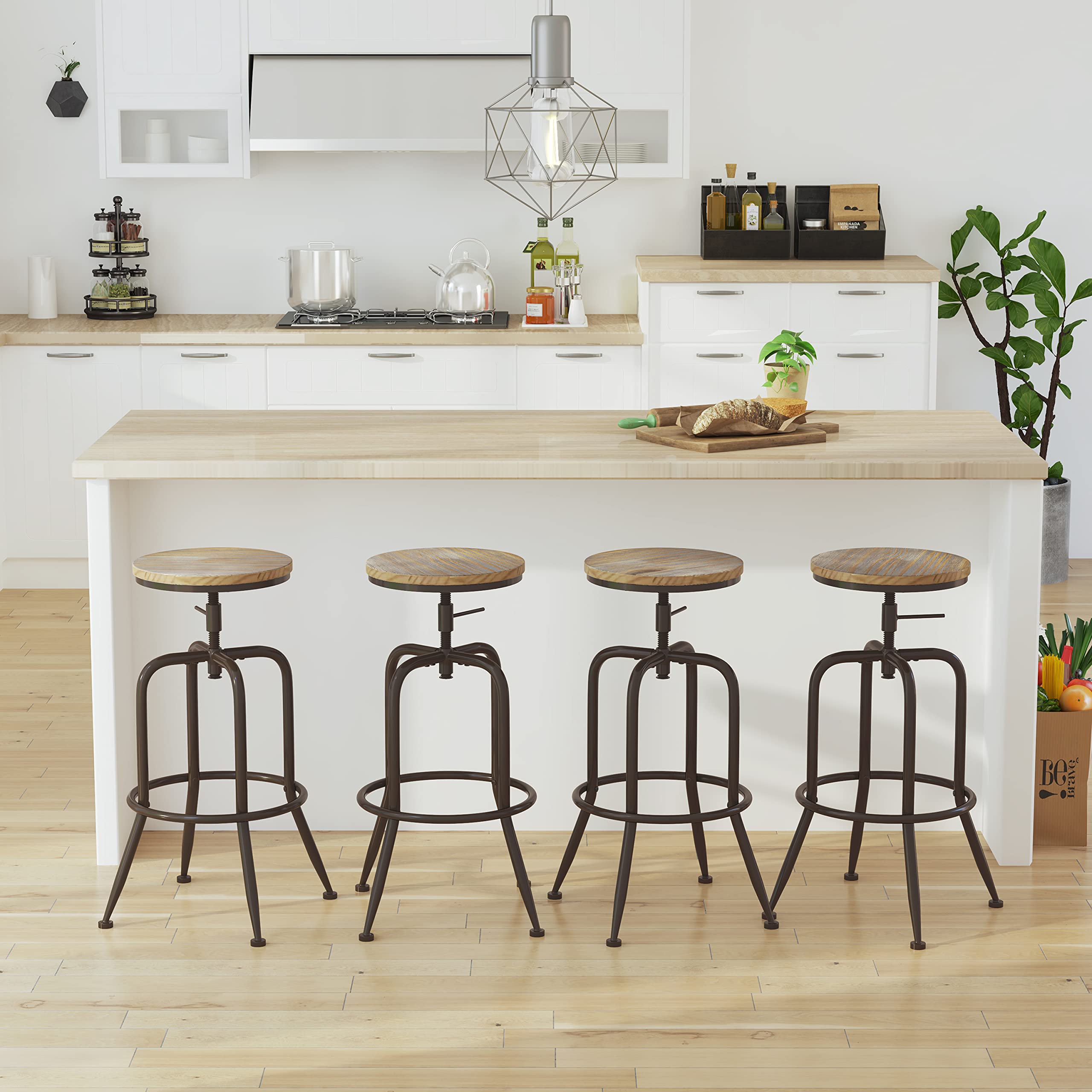 Industrial Bar Stools Set of 2 - Adjustable Height Metal Swivel Bar Stools with Footrest, 27-30 Inch Counter Height Bar Chairs for Kitchen Island, Coffee Bar & Home Pub - Heavy Duty & Space Saving Design