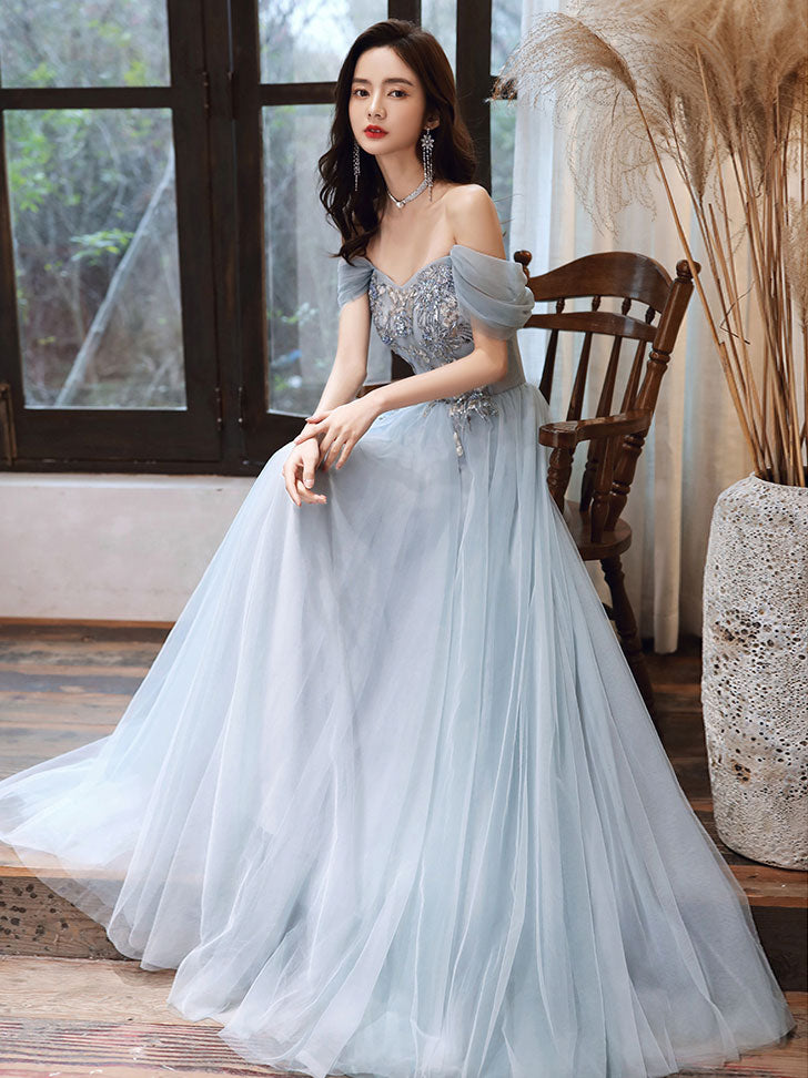 Elegant Blue Tulle Off Shoulder Lace Long Prom Dress - Formal Evening Gown for Homecoming, Wedding, and Special Occasions