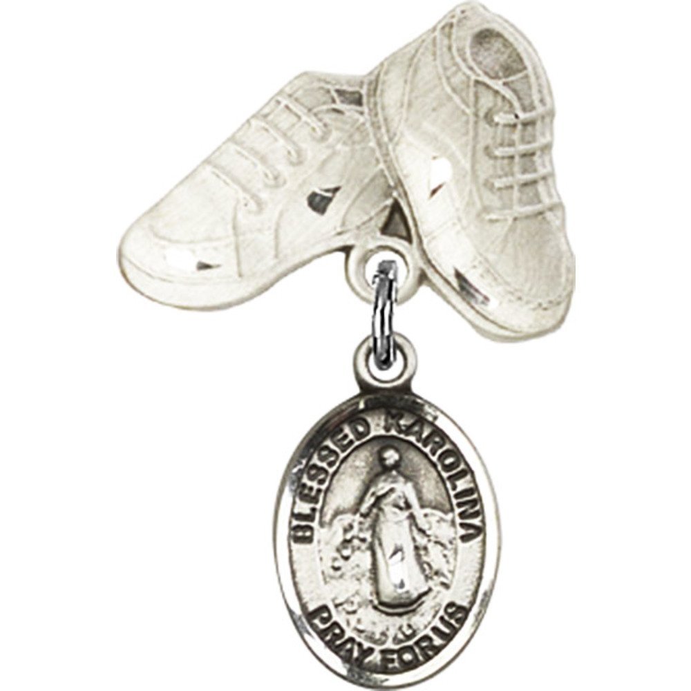 Blessed Karolina Kozkowna Sterling Silver Baby Badge Charm with Baby Boots Pin - 1 X 5/8 Inch - Perfect for Christening Gifts, Baby Showers & First Communion Keepsakes