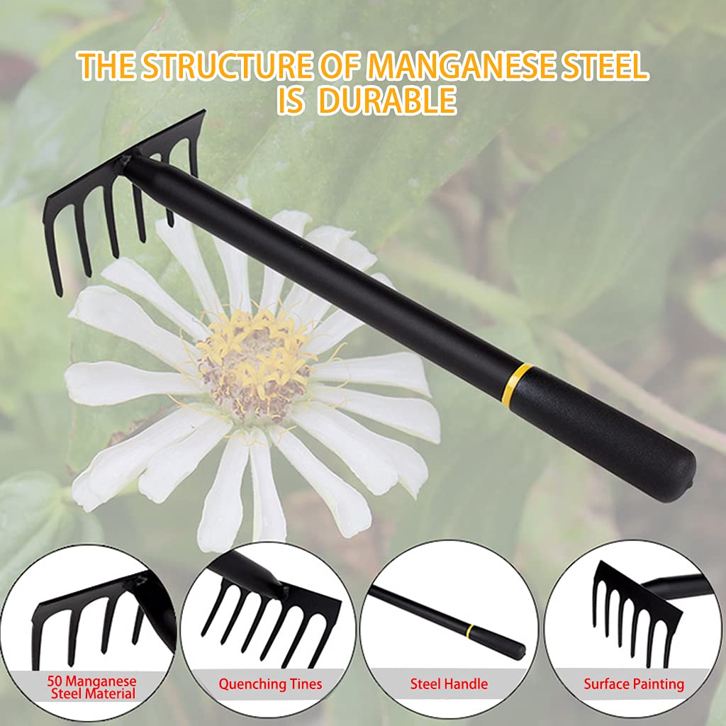 6-Tine Manganese Steel Garden Rake with Comfortable Grip - Durable Black Hand Rake & Small Tiller Tool for Weeding, Soil Aeration, and Garden Maintenance
