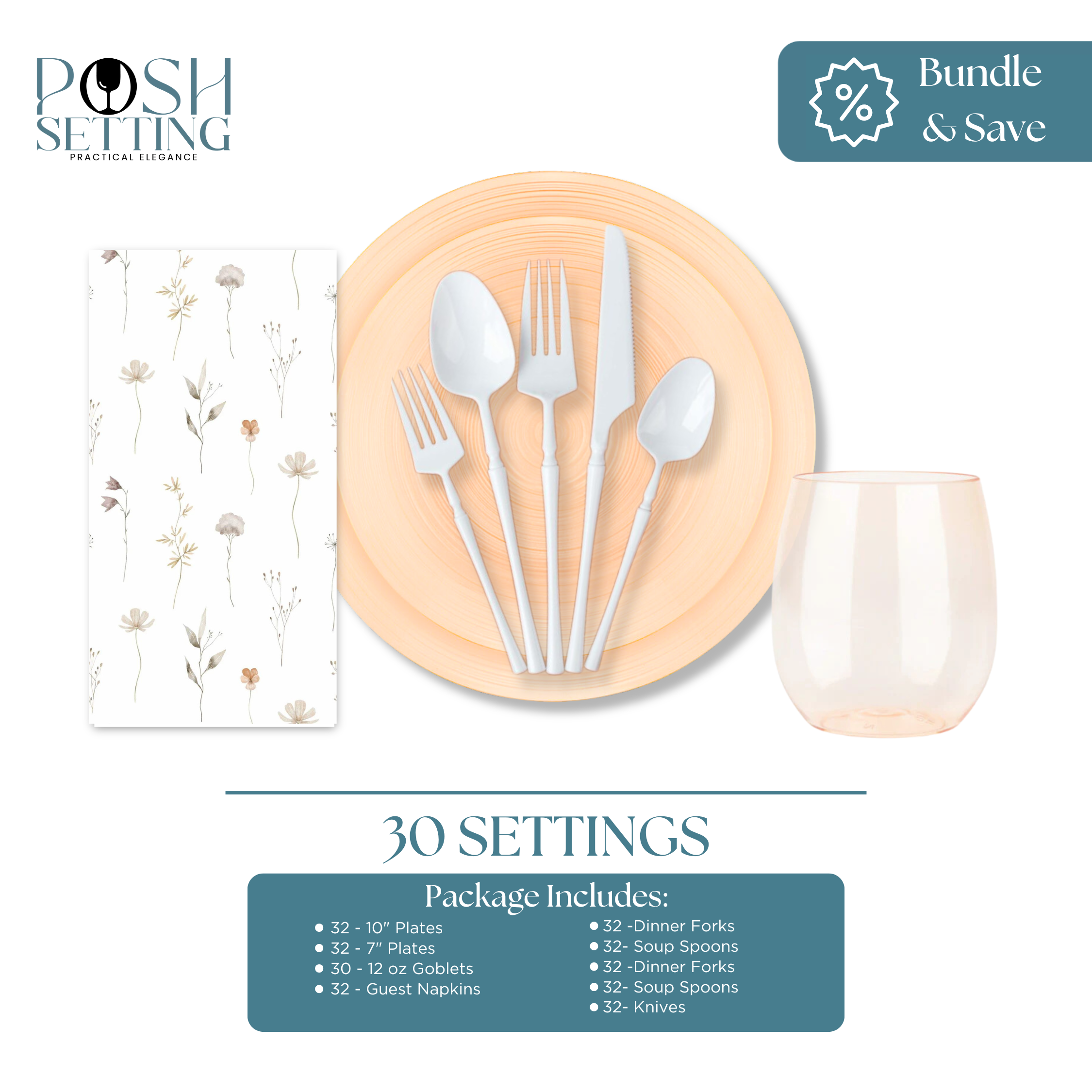 Premium Peach & White Disposable Plastic Party Dinnerware Set - Elegant Crystal Design (30-Piece) for Weddings, Baby Showers & Special Events