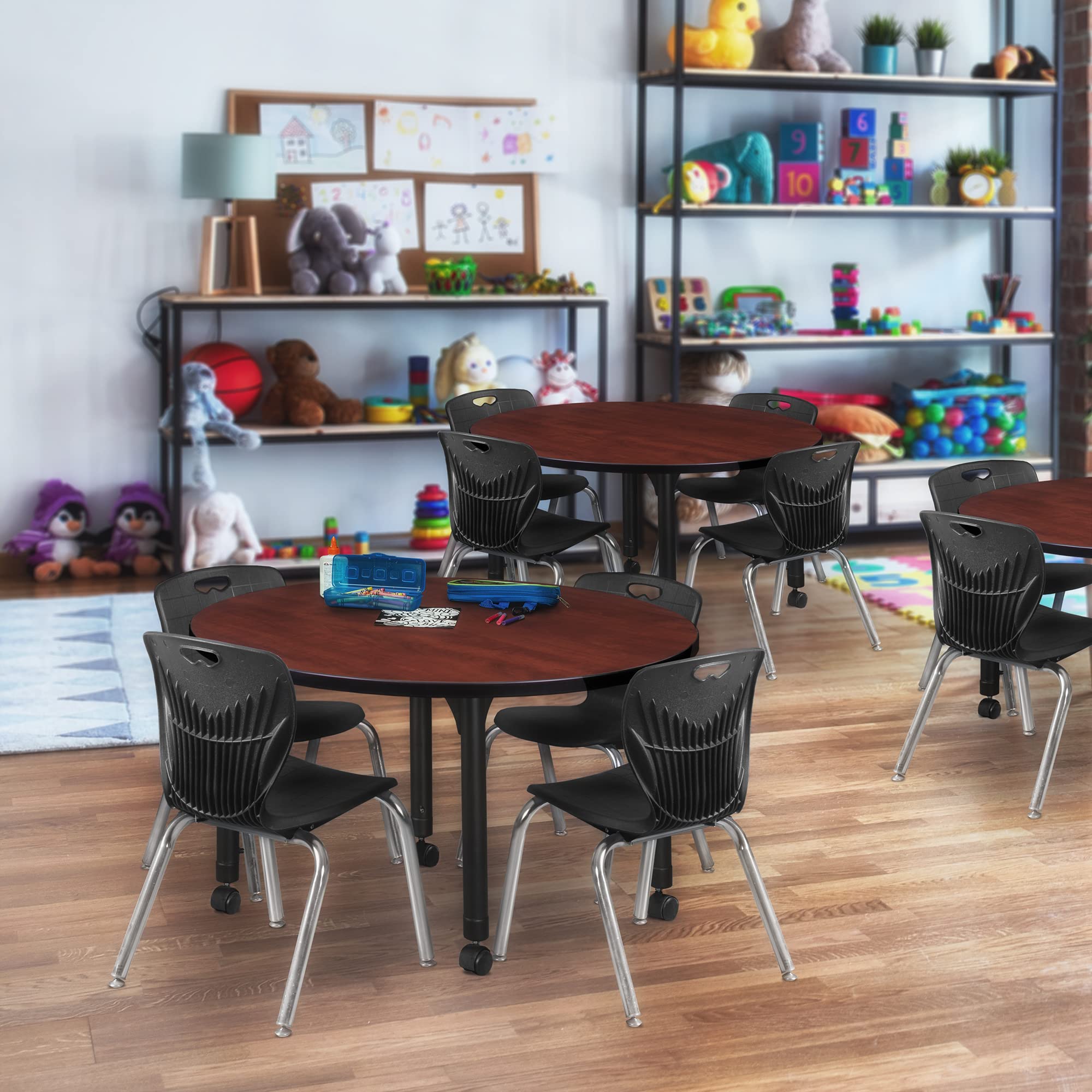 Regency Kee Height Adjustable Round Classroom Table - 36 Inch Mobile School Desk with Wheels, Cherry Finish - Perfect for Flexible Learning Spaces, Preschools & Home Classrooms