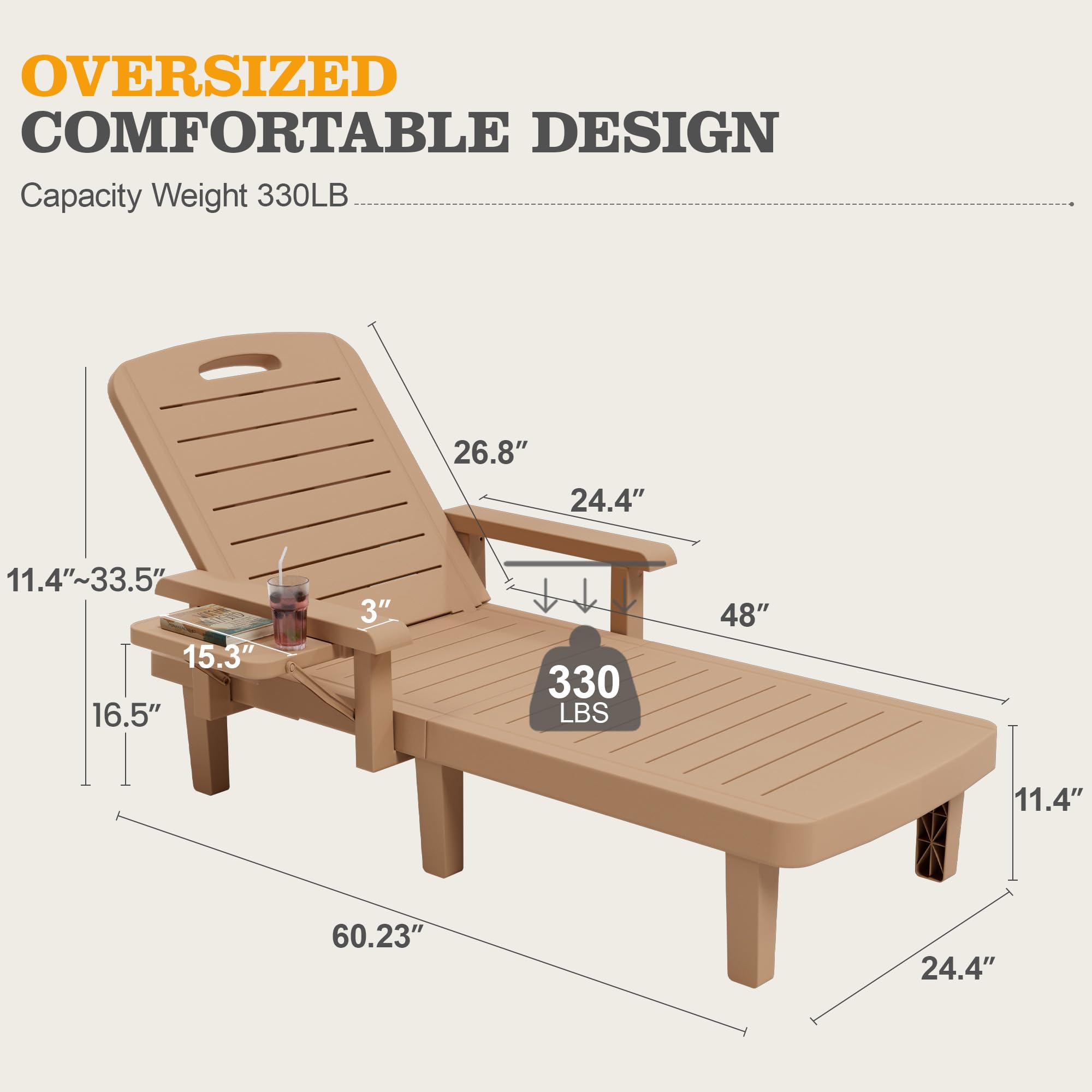 UDPATIO Oversized Pool Lounge Chairs Set of 2 - Waterproof Resin Chaise Lounges with Adjustable Backrest, Armrests & Cup Holder - Perfect for Poolside, Patio, Beach, Backyard & Outdoor Relaxation