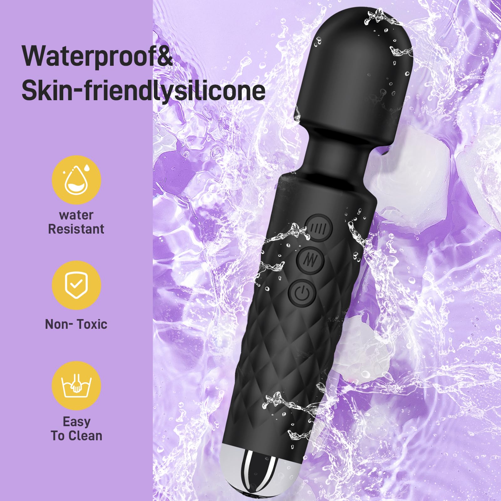 Powerful Waterproof Wand Vibrator for Women - 20 Vibration Patterns & 8 Intensity Levels - Rechargeable Massage Wand for Sensual Pleasure & Muscle Relaxation | Perfect for Couples Play, Solo Exploration & Stress Relief (Black)