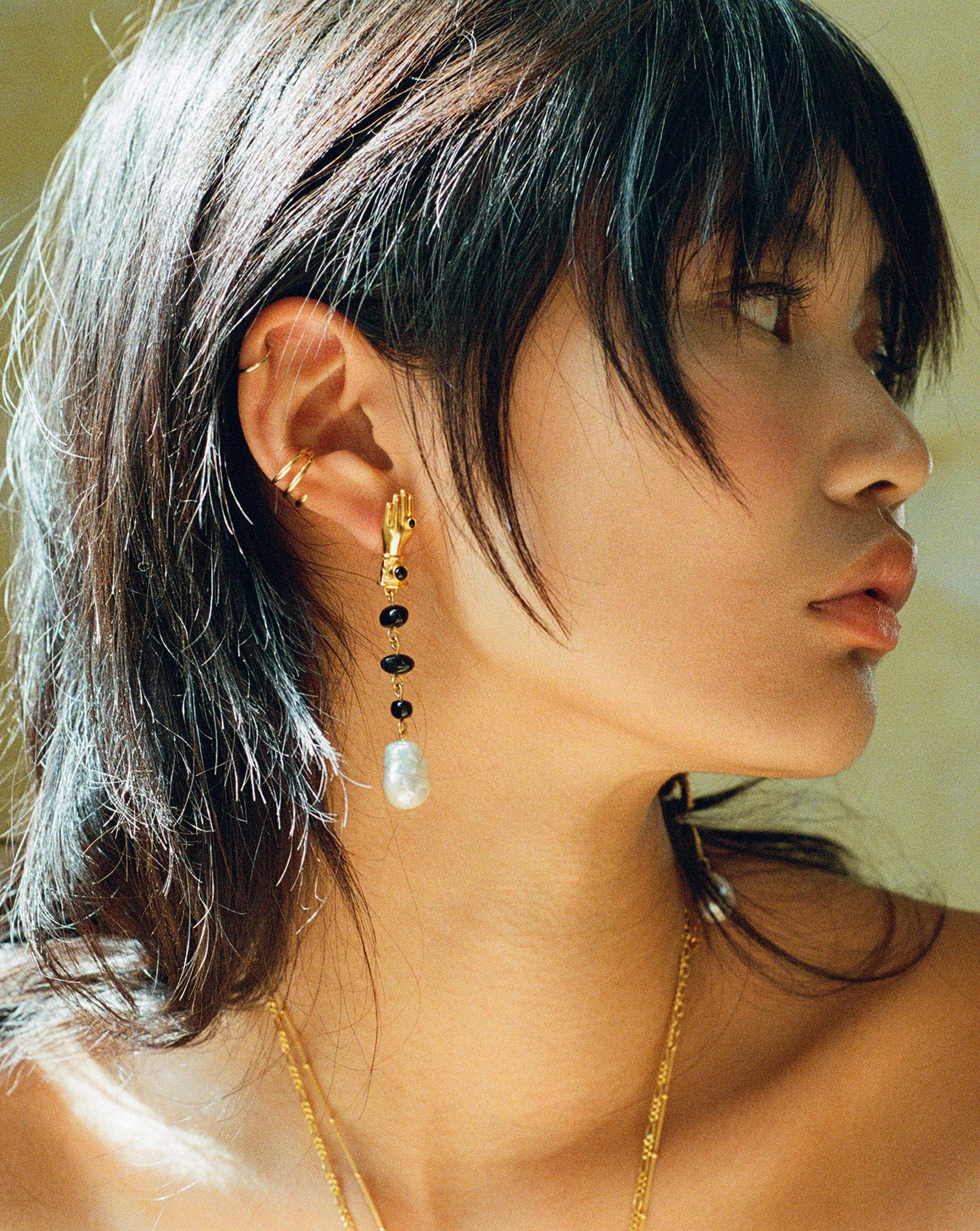 Harris Reed Handpicked Serpent Mismatch Earrings - 18k Gold Plated with Pearl & Black Onyx | Luxury Fashion Jewelry for Women, Perfect for Parties, Weddings & Special Occasions
