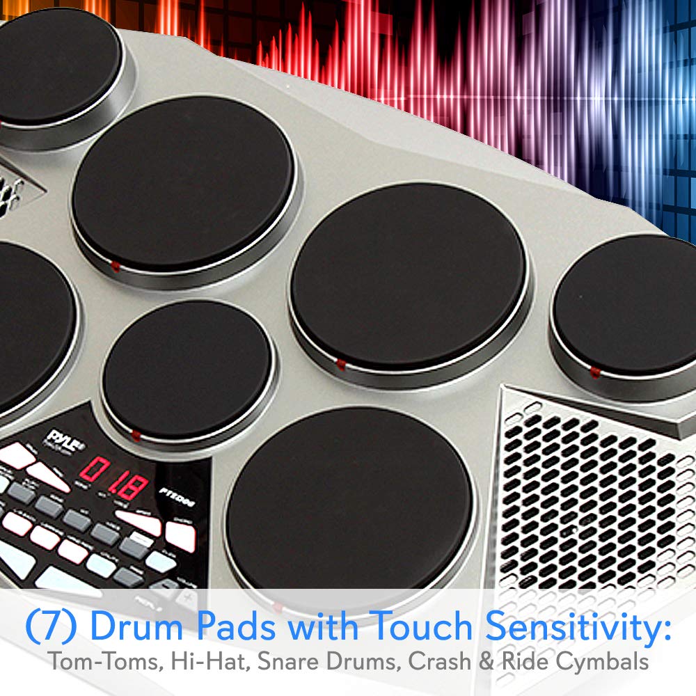 Pyle Pro Electronic Drum Kit - Portable Electric Tabletop Drum Set with 7 Drum Pads, Hi-Hat/Kick Bass Pedal, USB & AUX Input - Perfect for Home Practice, Studio Recording & Live Performances