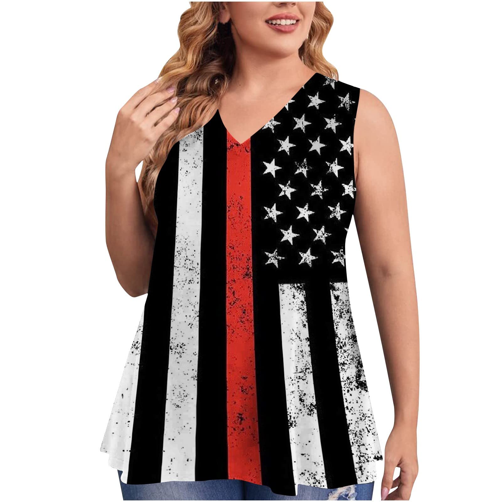 Plus Size Flowy Tank Tops for Women - Sleeveless Stars & Stripes American Flag Graphic Tee | Casual Summer Outfit, 4th of July Party, Patriotic Celebration