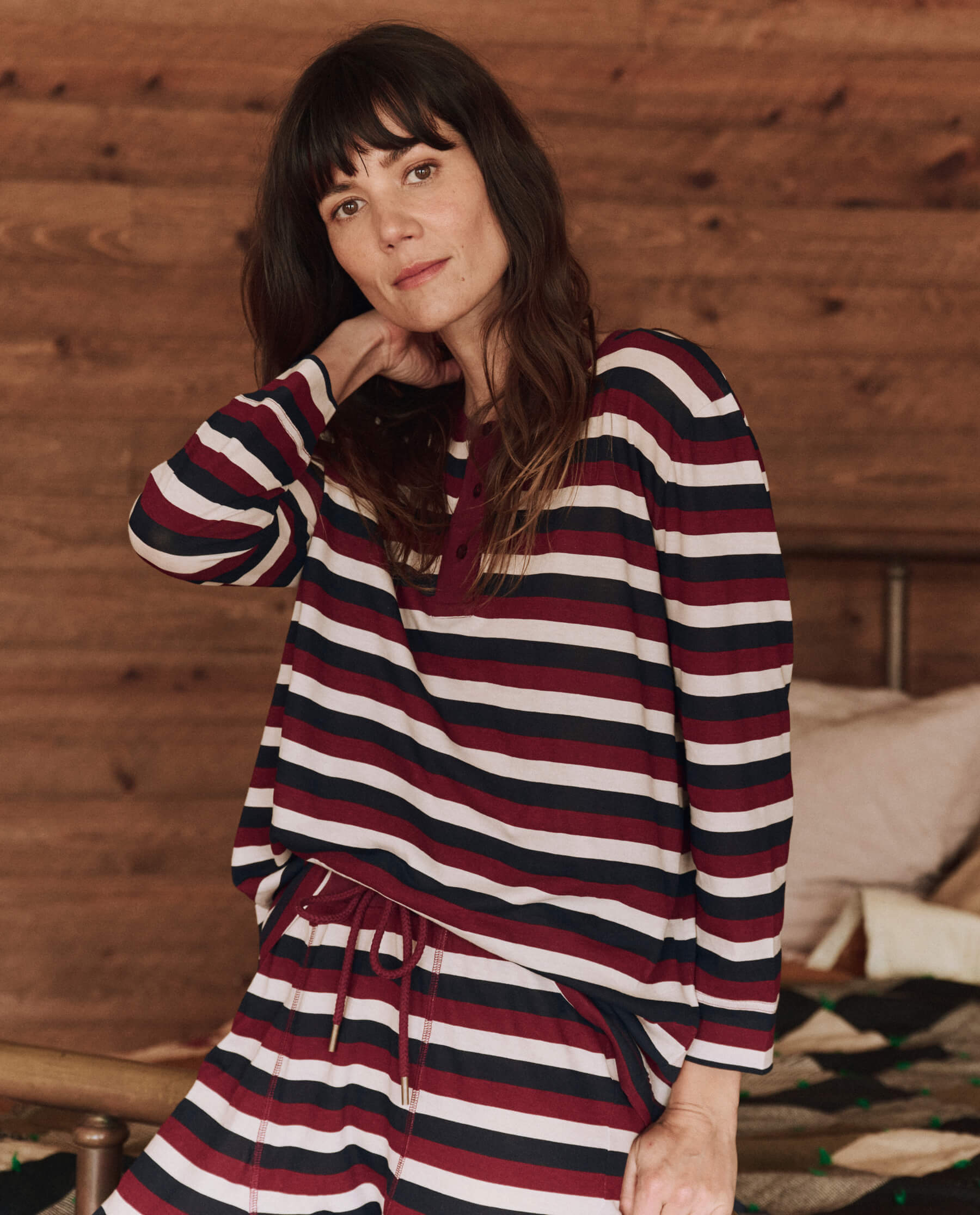 The Sleep Henley - Soft & Comfortable Bordeaux Stripe Sleep Shirt for Men & Women - Perfect for Lounging, Relaxing & Cozy Nights at Home