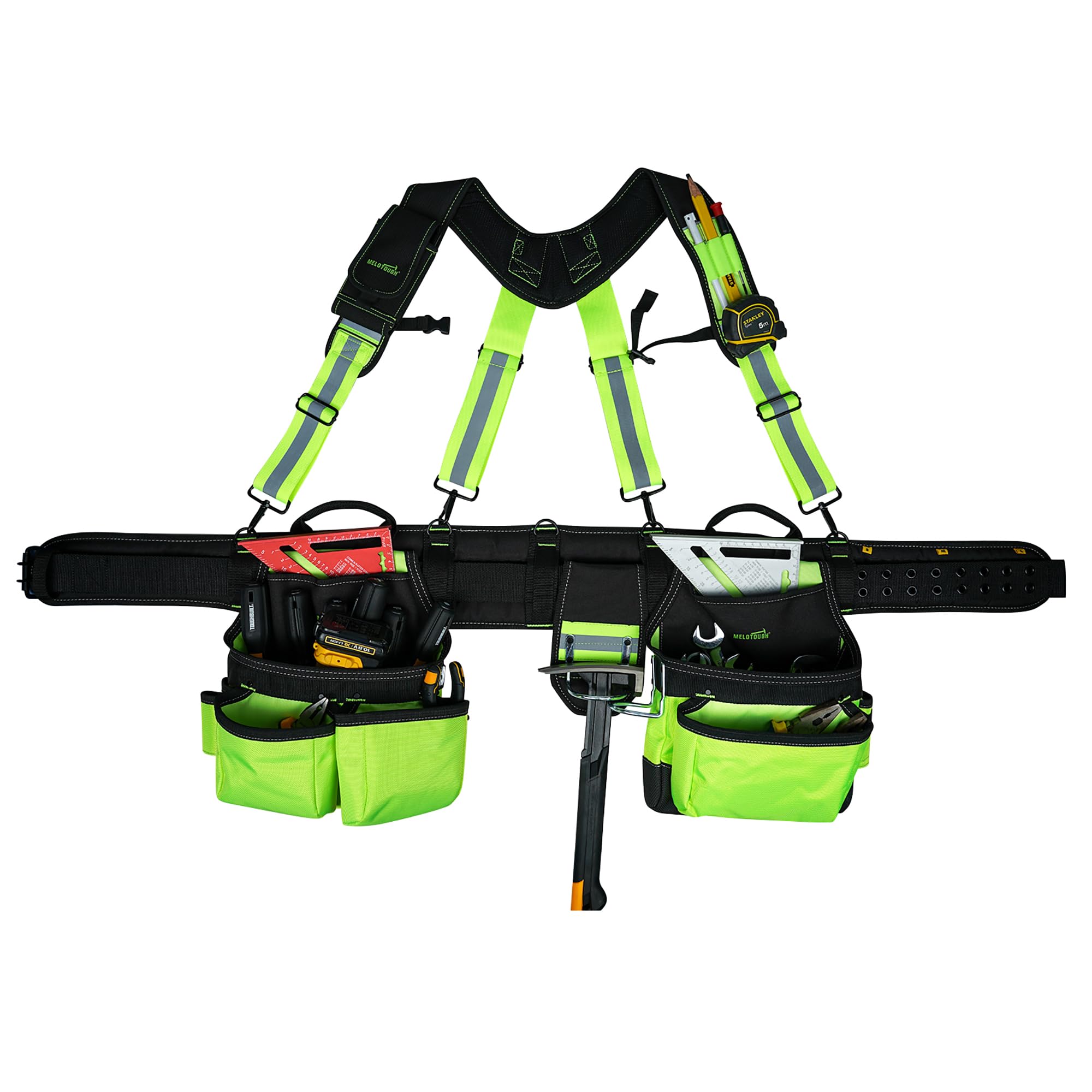 MELOTOUGH Reflective Heavy Duty Construction Tool Belt with Suspenders - High Visibility Safety Work Belt for Builders, Electricians & Contractors - Ideal for Night Work & Hazardous Job Sites (Hi-Viz Lime)