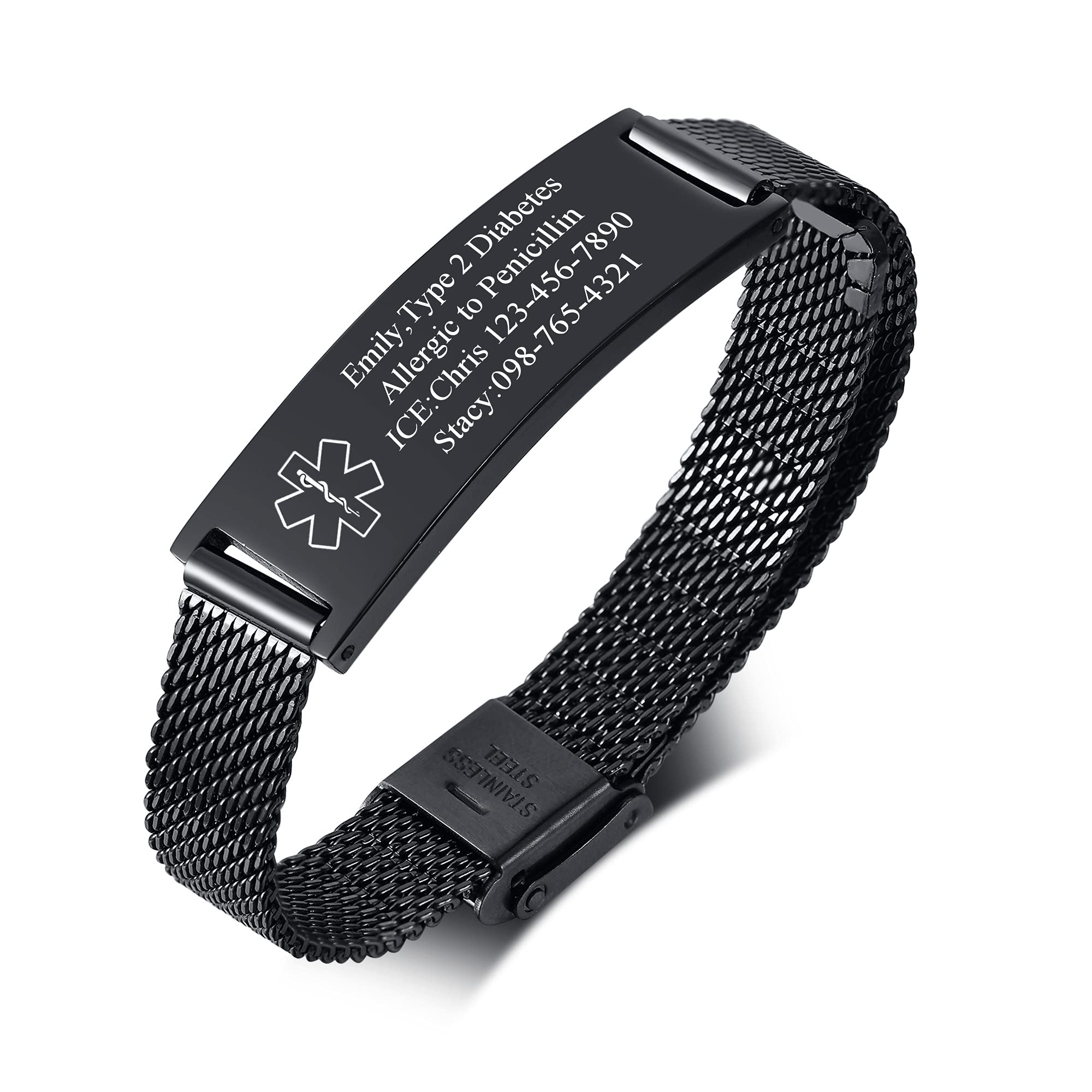 VNOX Adjustable Stainless Steel Medical Alert Bracelet for Men & Women - Free Engraving Emergency ID Wristband (Black) | Perfect for Diabetes, Allergies & Heart Conditions