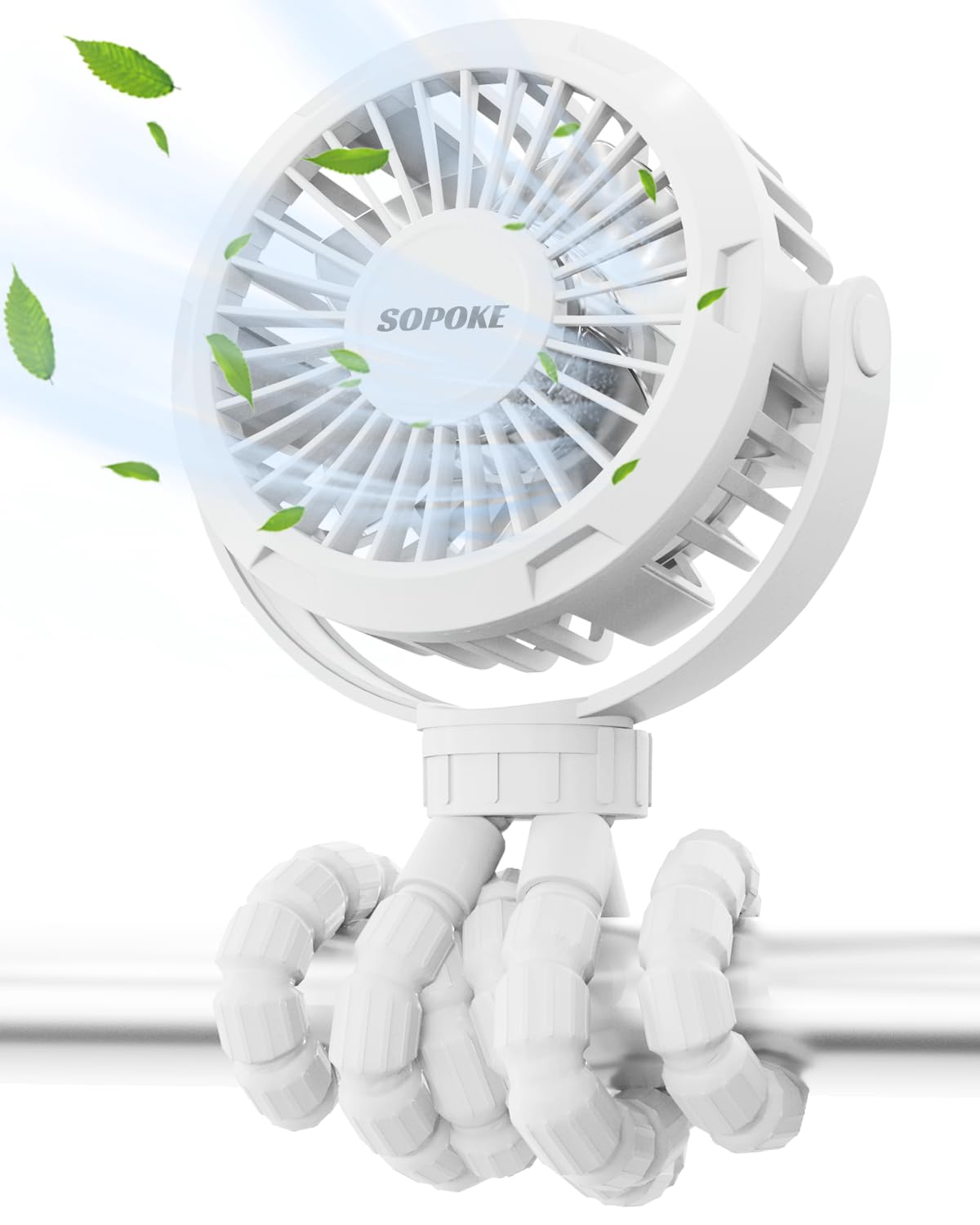 SOPOKE Mini Portable Baby Stroller Fan - 3 Speed Rechargeable Handheld Fan with 360° Flexible Tripod, Battery Operated Cooling Fan for Car Seat, Crib, Treadmill, Golf Cart & Travel (White) | Perfect for Outdoor Activities, Nursery, Sports & On-the-Go Use