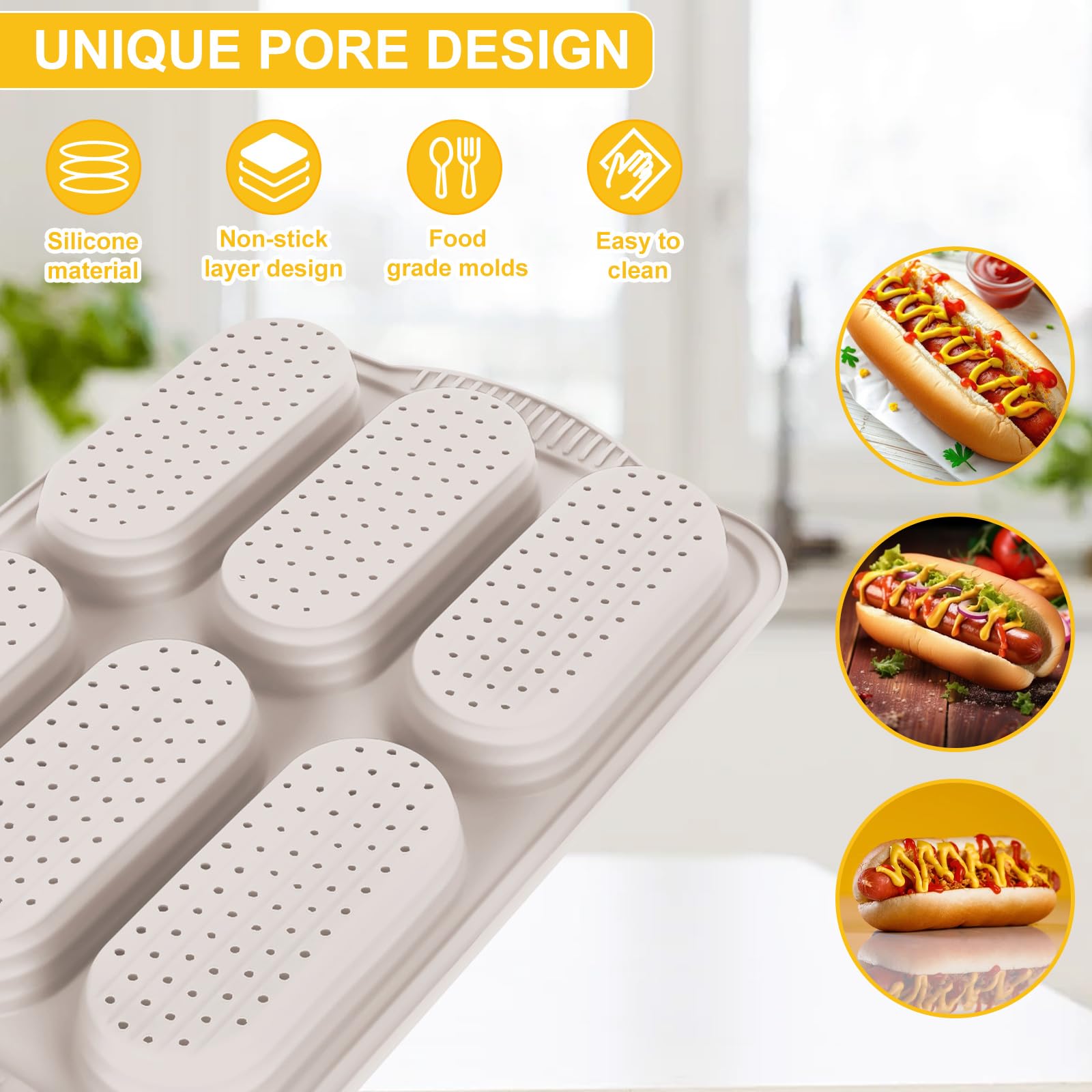 Nonstick Silicone Baguette Pan - 6-Cavity Perforated Baking Tray for French Bread, Hot Dog Buns & Sandwiches | Oven-Safe Bread Mold in Nordic Brown | Perfect for Home Baking, Restaurants & Bakeries