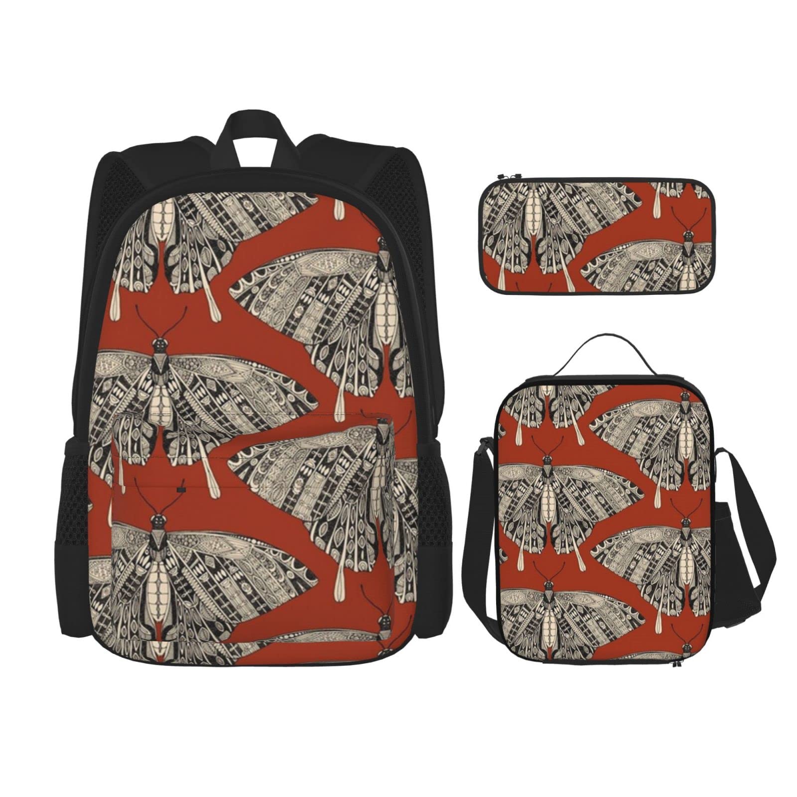 3-Piece Swallowtail Butterfly Backpack Set for Teens - Terracotta Black School Backpack, Messenger Bag & Pencil Case | Perfect for School, Travel & Daily Use