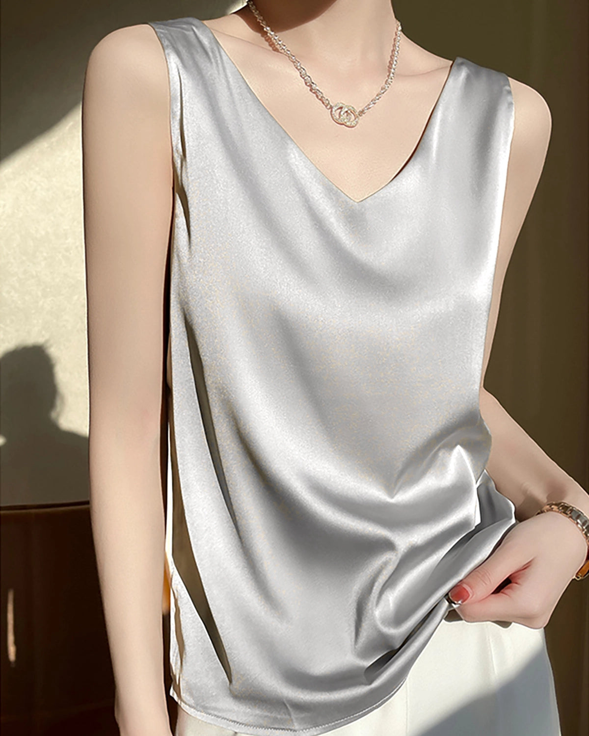 Women's V Neck Sleeveless Silk Blouse - Elegant Summer Tops for Work & Casual Wear - Perfect for Office, Date Night & Special Occasions