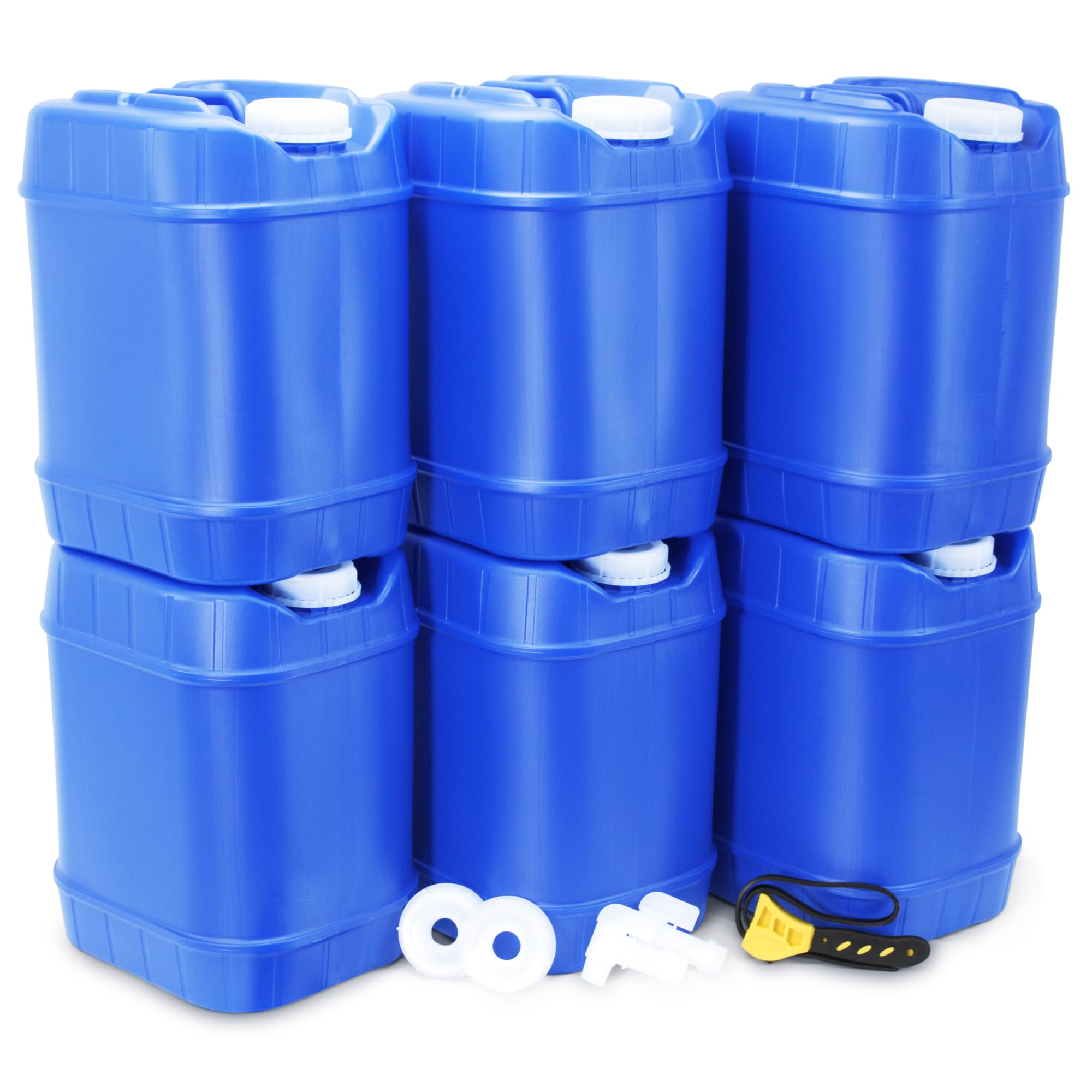 5 Gallon Emergency Water Storage Containers with Lids & Spigot - Stackable Survival Water Tanks (6-Pack, 30 Gallons Total) - Perfect for Emergency Preparedness, Camping, and Outdoor Adventures