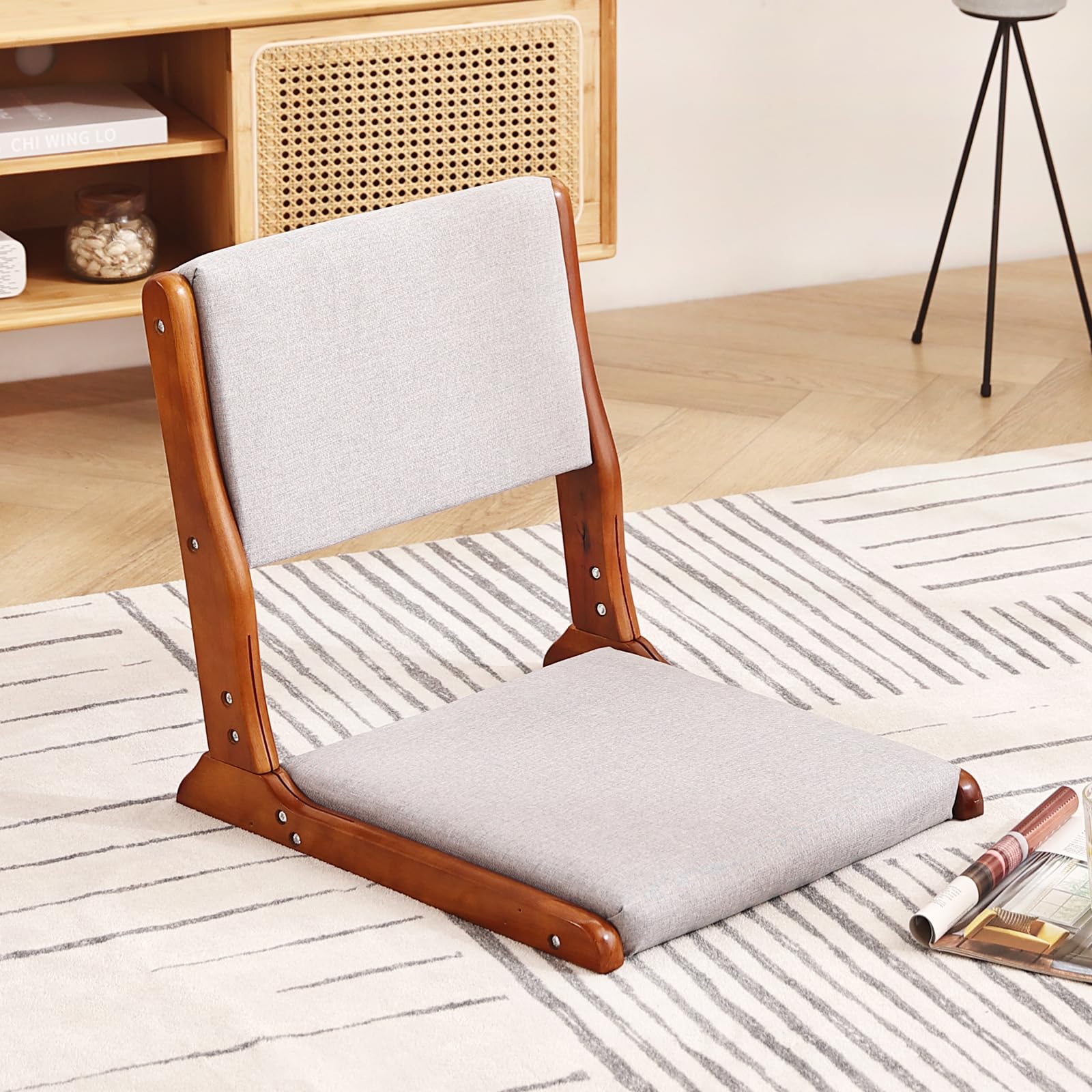 Foldable Tatami Floor Chair - Japanese Style Wooden Legless Backrest with Cushion - Meditation & Accent Seating for Bay Window, Living Room & Zen Decor - Walnut Grey