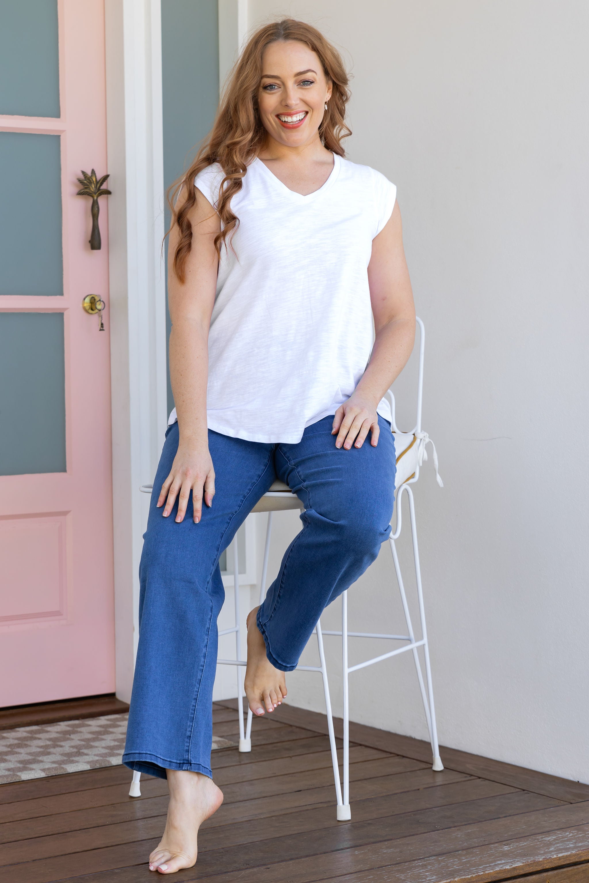 Lara Pull-On Jeans for Women - Mid Blue Denim Stretch Pants - Comfortable & Stylish for Casual Wear, Office, and Travel