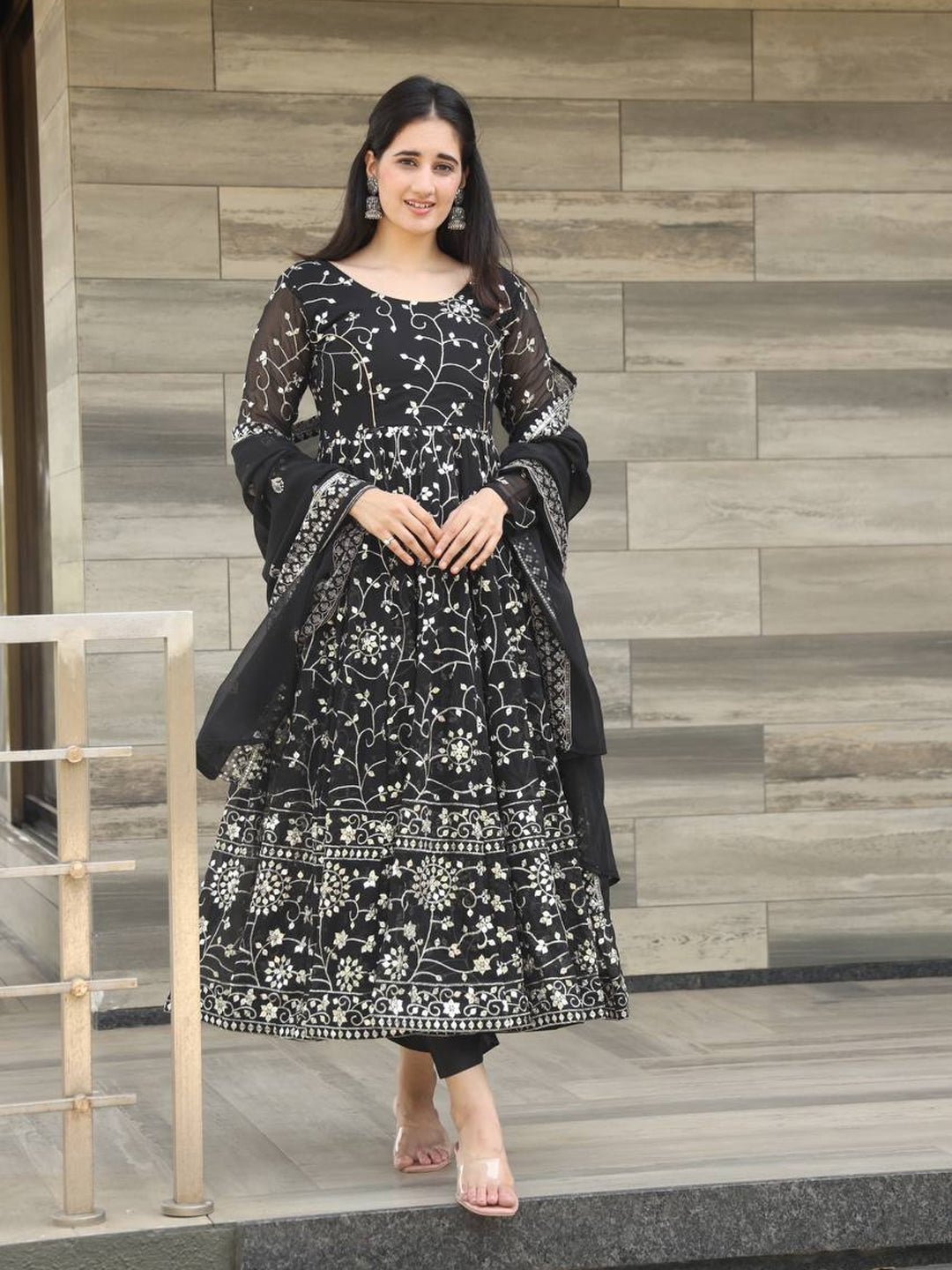 Elegant Black Designer Georgette Anarkali Dress with Intricate Embroidery - Perfect for Weddings, Parties & Special Occasions