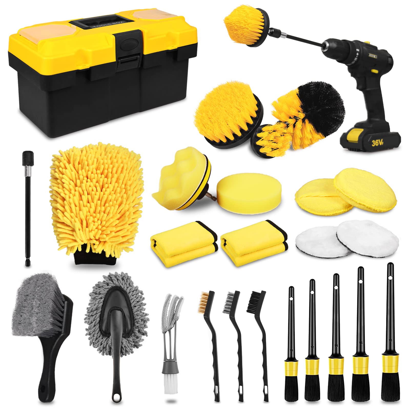 27Pcs Car Detailing Kit - Professional Auto Detailing Brush Set with Drill Attachments for Interior, Exterior & Wheels Cleaning | Car Wash Accessories & Cleaning Tools Kit for DIY Enthusiasts | Perfect for Car Detailing, Deep Cleaning & Maintenance