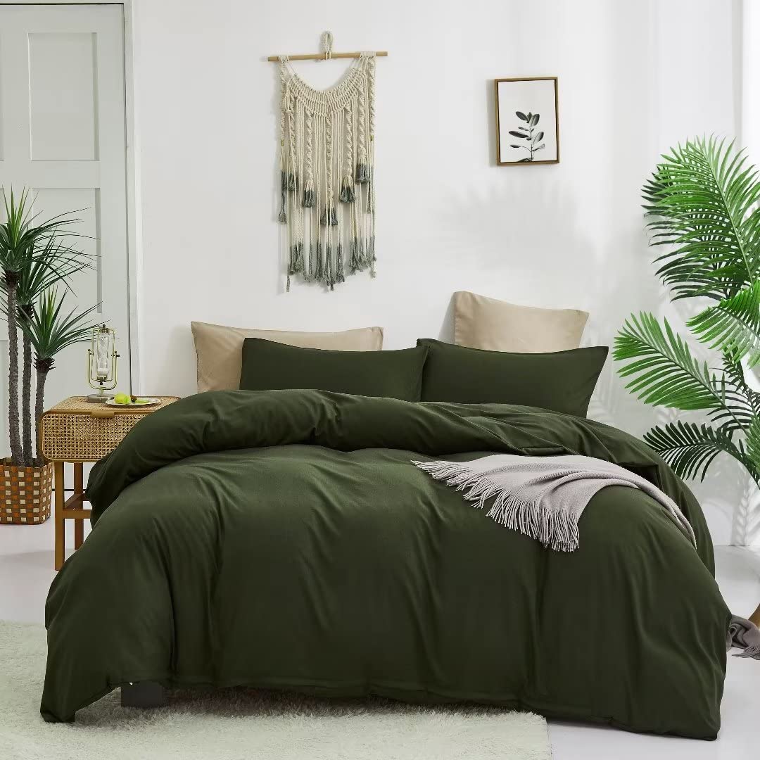CLOTHKNOW Army Green Queen Comforter Set - 100% Cotton Dark Green Bedding, Solid Hunter & Olive Green Soft Blanket - Perfect for Military Themed Bedrooms, Guest Rooms & Cozy Winter Nights