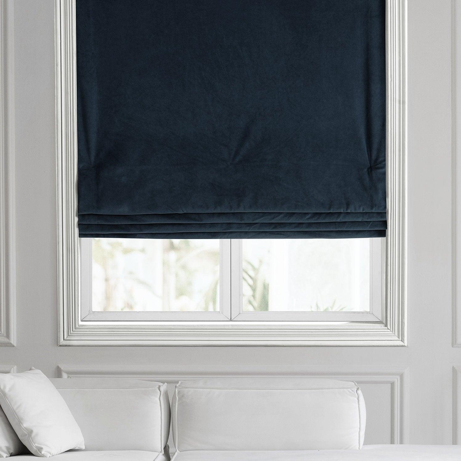 Luxury Midnight Blue Signature Velvet Roman Shade - Blackout Window Treatment for Bedroom & Living Room - Elegant Home Decor for Privacy & Light Control