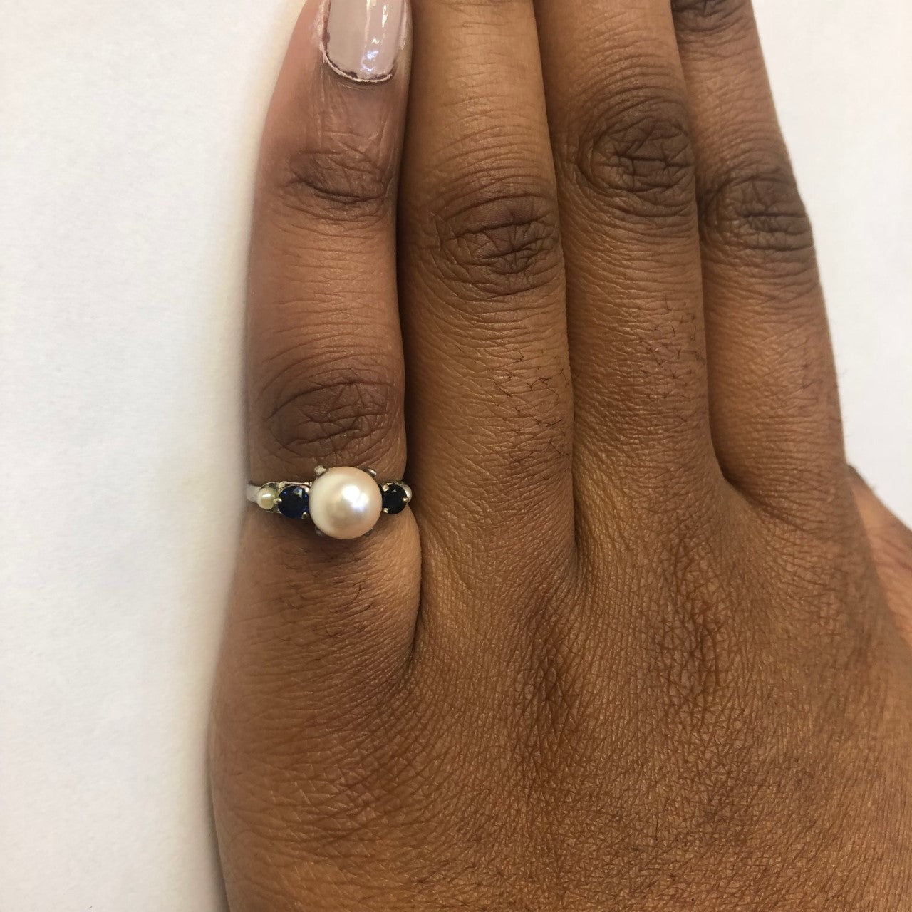 Pearl & Blue Sapphire Cathedral Ring - 7.50 Carat Total Weight (CTW) - Size 5 - Elegant Wedding Band, Anniversary Gift for Her, Bridal Jewelry, Perfect for Special Occasions & Evening Events