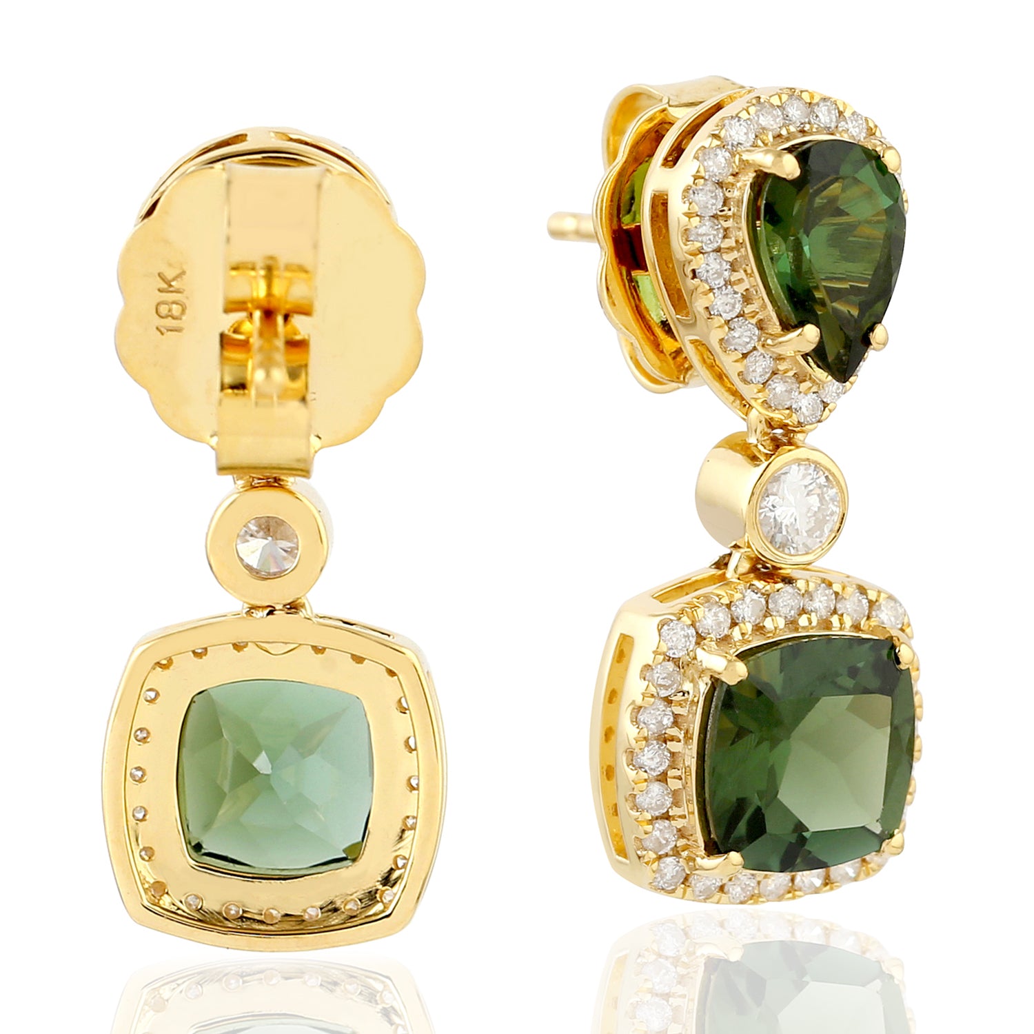 18K Yellow Gold Faceted Green Tourmaline Pave Diamond Drop Earrings | Elegant Dangle Earrings for Women | Perfect for Weddings, Parties & Special Occasions