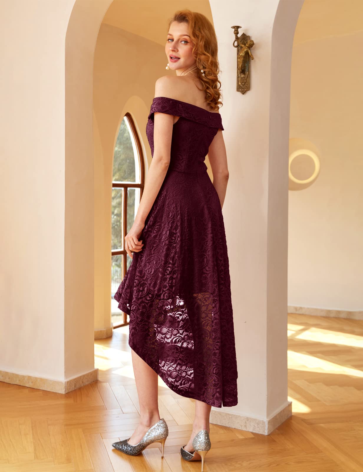 Elegant Floral Lace Off-Shoulder High-Low Hem Dress for Women - Perfect for Weddings, Cocktail Parties & Special Occasions | Formal Evening Gown & Prom Dress Option