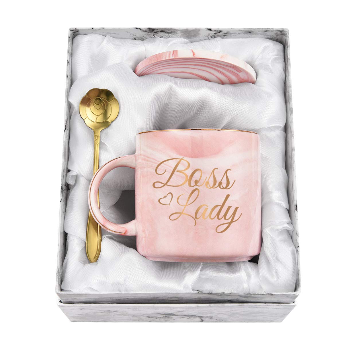 Boss Lady Coffee Mug - 12Oz Gold Printed Inspirational Gift for Women with Exquisite Box, Spoon & Coaster - Perfect for Boss Day, Appreciation Gifts & Office Decor
