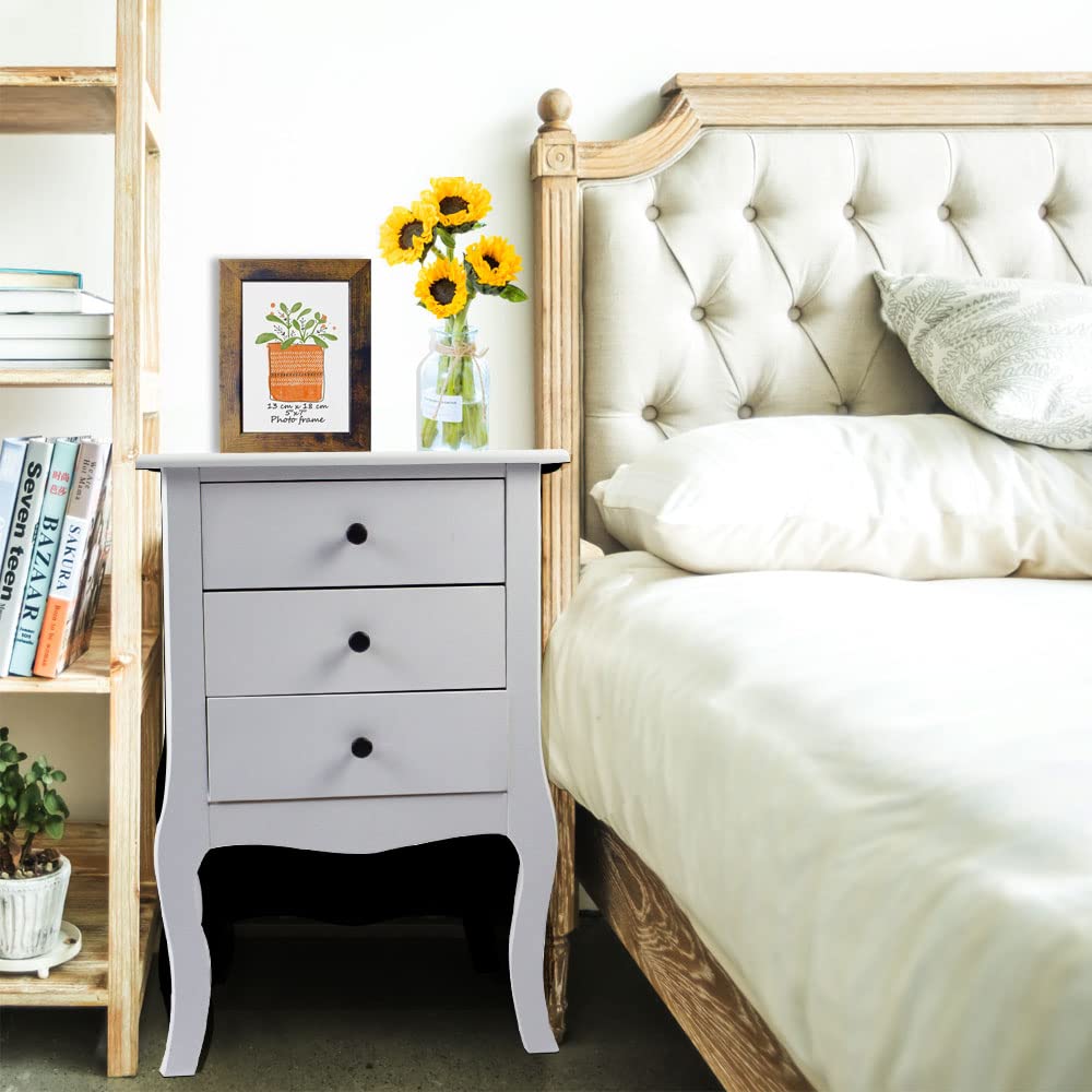 White Nightstand with 3 Drawers - Farmhouse Style Wooden Side Table with Solid Wood Legs | Bedroom Storage Cabinet, End Table for Living Room & Guest Room