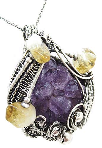 Natural Amethyst Stalactite Druzy Pendant with Citrine Accents - Sterling Silver Wire Wrapped Jewelry for Women - Perfect for Spiritual Healing, Meditation & Boho Fashion