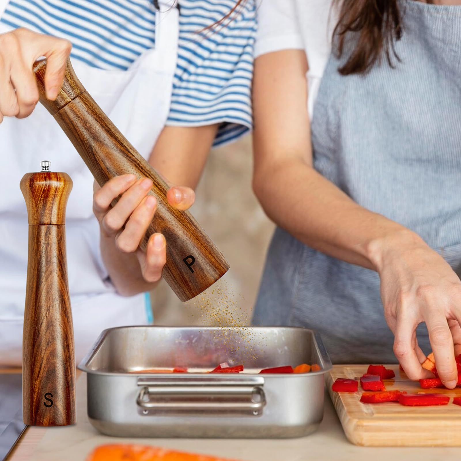 2 Pack 10 Inch Acacia Wood Salt and Pepper Grinder Set - Adjustable Coarseness, Refillable Manual Mills with Ceramic/Stainless Steel Core - Perfect for Kitchen, Dining Table & Gift Giving