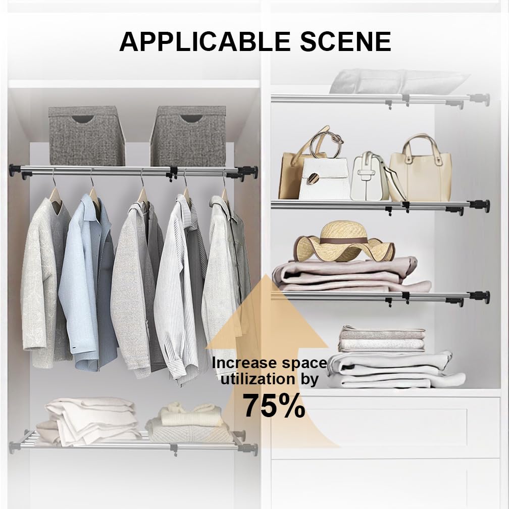 Expandable Closet Tension Shelf Rod - Adjustable Metal Storage Rack (46.85-75 inches) | Cabinet Organizer for Wardrobe, Kitchen & Bathroom | Space Saving DIY Shelf Divider | Black | Perfect for Small Spaces & Closet Organization