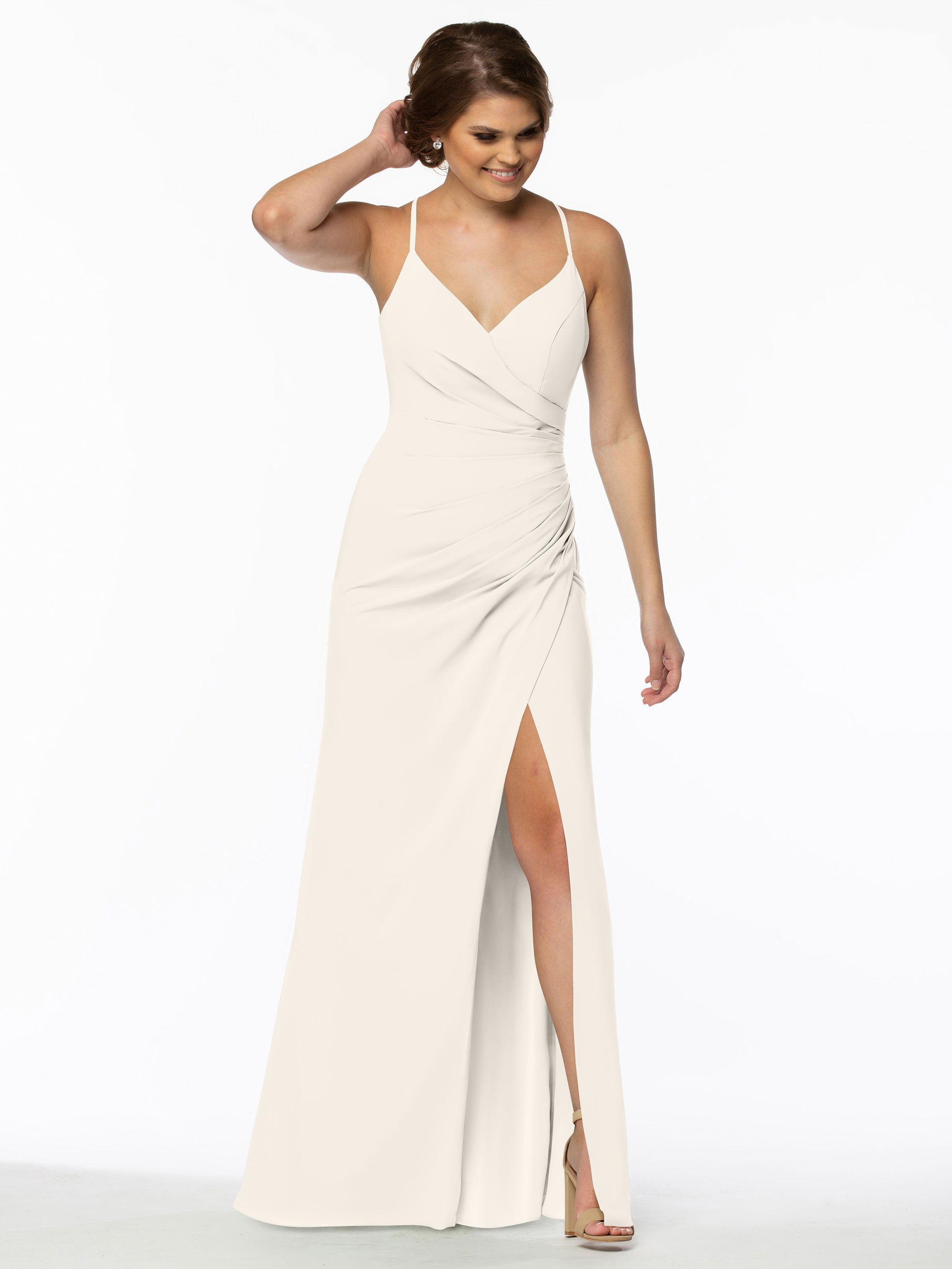Elegant 80114 Stretch Chiffon Sheath Bridesmaid Dress with Ruching & High Slit - Perfect for Weddings, Formal Events & Evening Parties