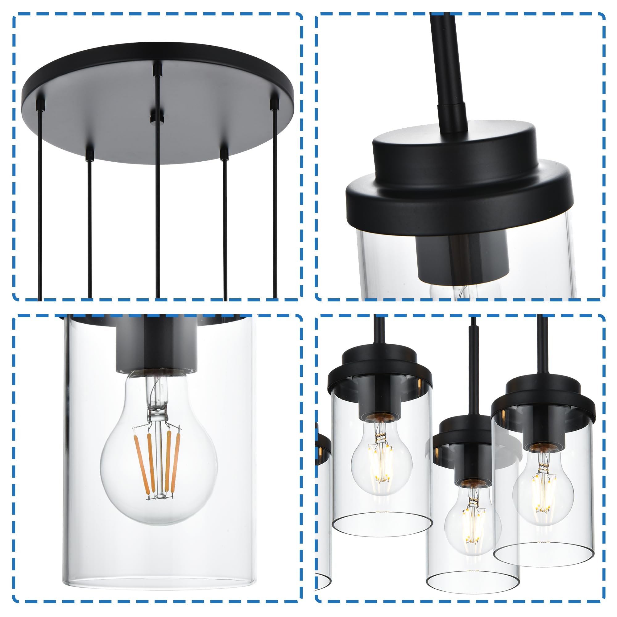 MELUCEE 5-Light Modern Black Pendant Light Fixture with Clear Glass Shade - Cluster Chandelier for Kitchen Island, Dining Room, Living Room Ceiling Lighting | Perfect for Farmhouse, Industrial & Contemporary Home Decor