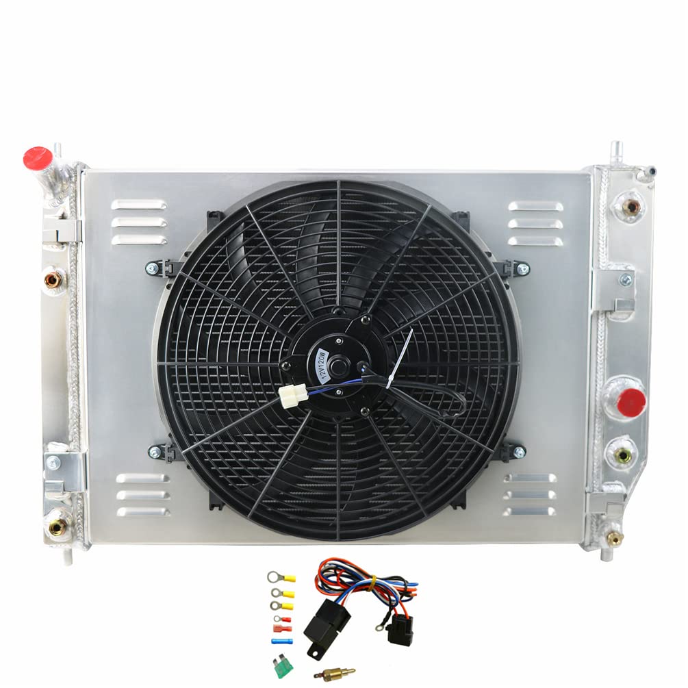 CoolingSky 3 Row Aluminum Radiator with 120W Fan Shroud & Thermostat Relay Kit for 2005-2013 Chevy C6 Corvette SSR 5.3L 6.0L 6.2L 7.0L V8 Engines - Double Oil Cooler - High Performance Cooling Upgrade for Racing & Towing