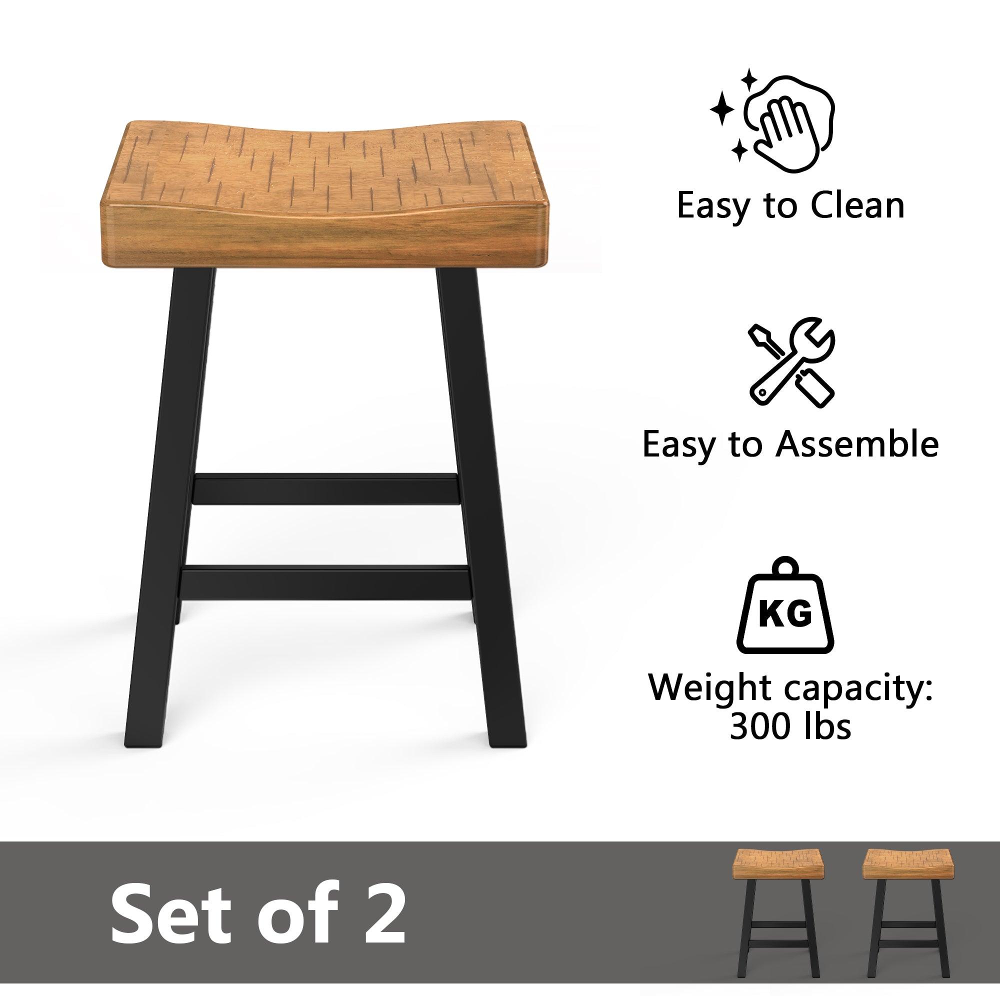 Set of 2 Farmhouse Solid Wood Bar Stools - Backless Saddle Seat Counter Height Chairs for Kitchen Island, Breakfast Nook & Home Office - Perfect for Rustic Decor, Dining & Small Space Living