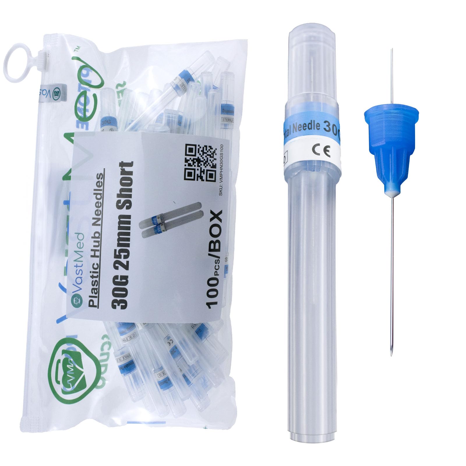 100PCs Dental Grade Plastic Hub Needles 30G Short by VASTMED | Disposable Self-Threading Tri-Bevel Point Needles for Dental Procedures, Anesthesia & Medical Use