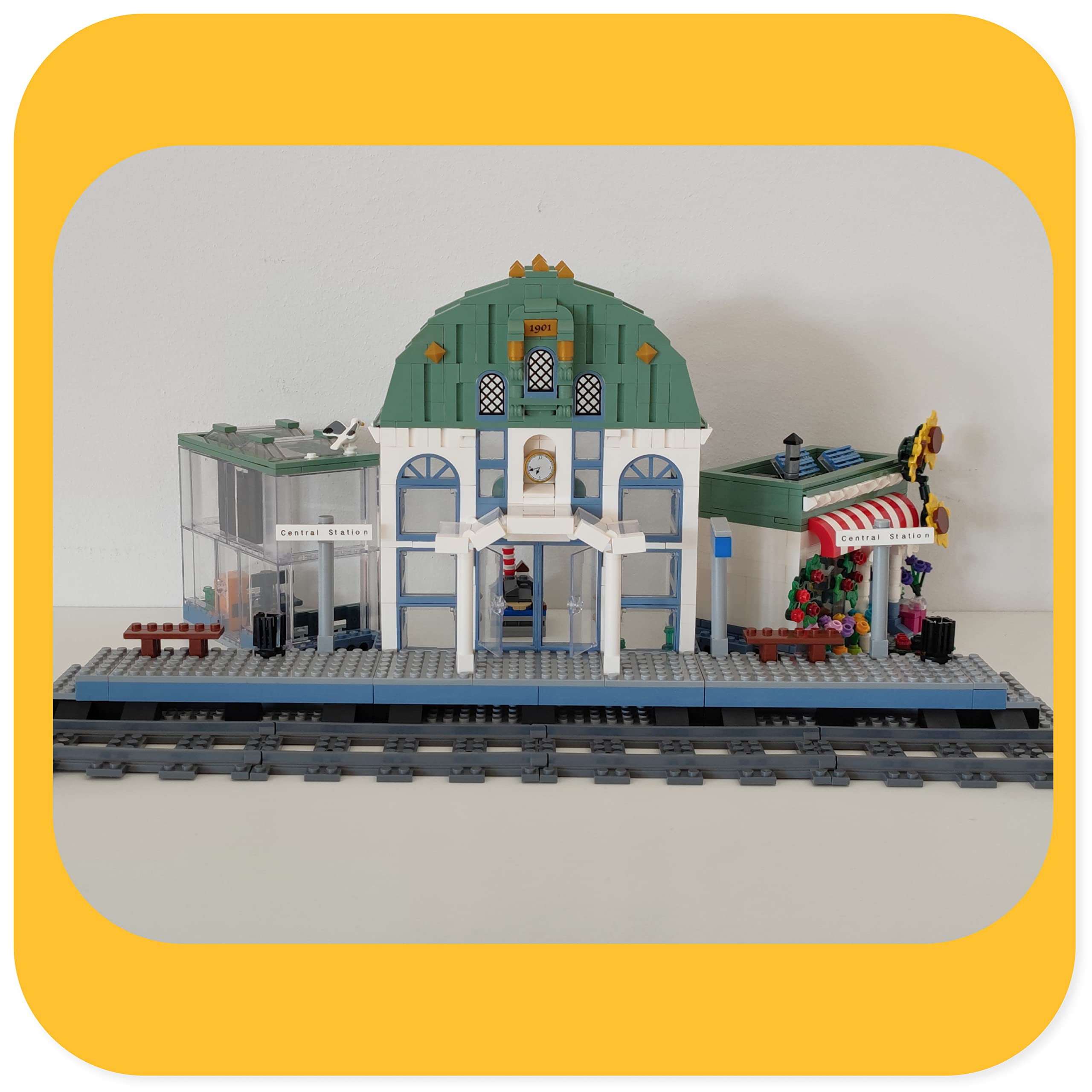 myBrickZ 0001 Grand Train Station with Flower Shop - 1,120 Piece Building Blocks Set - Compatible with Lego - Creative MOC House for Train & City - Perfect Gift for Boys & Girls - Educational Construction Toy for City Layouts & Train Scenes