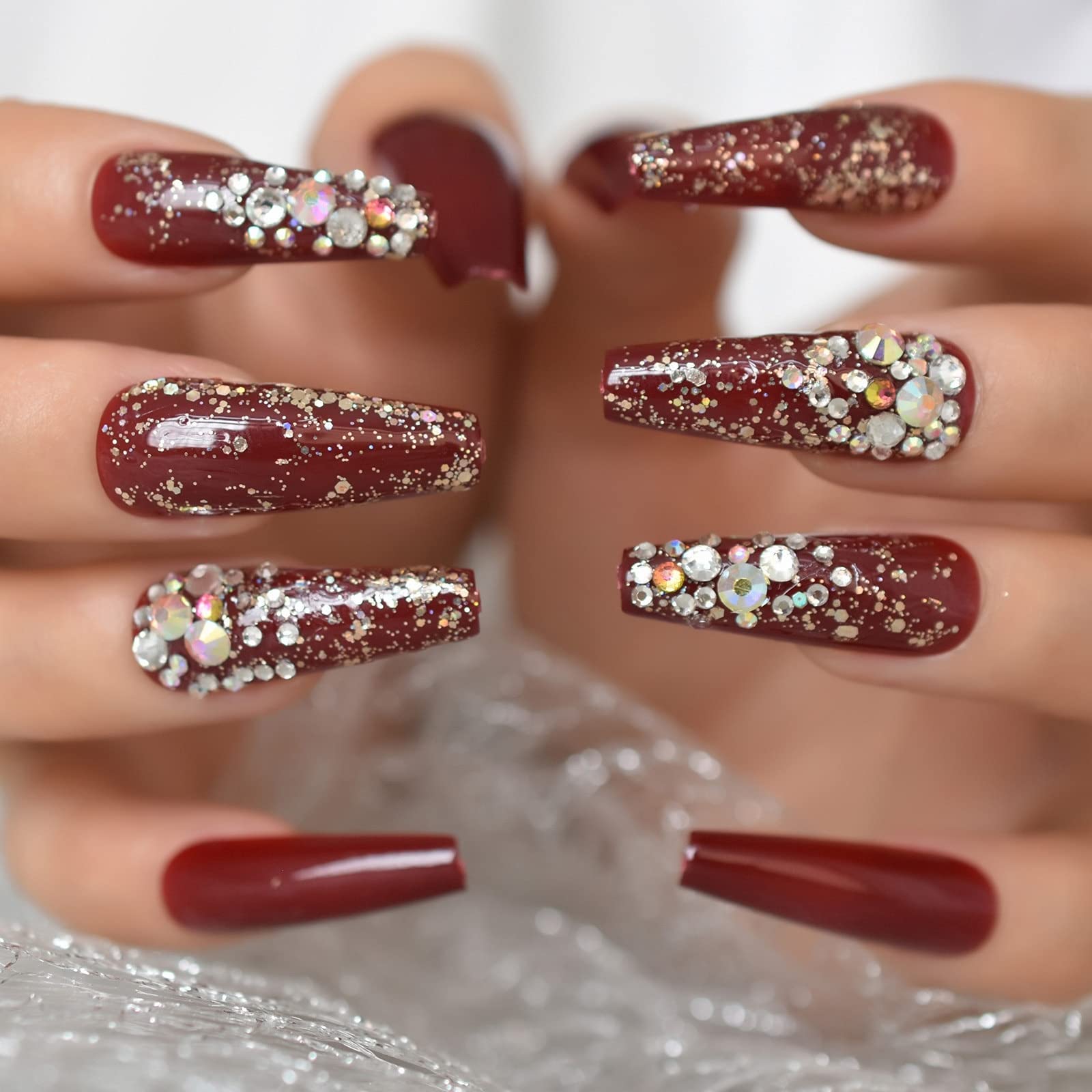Burgundy Press On Nails with Rhinestone & Glitter Designs - Extra Long Coffin Fake Nails for Women - Perfect for Parties, Weddings & Special Occasions