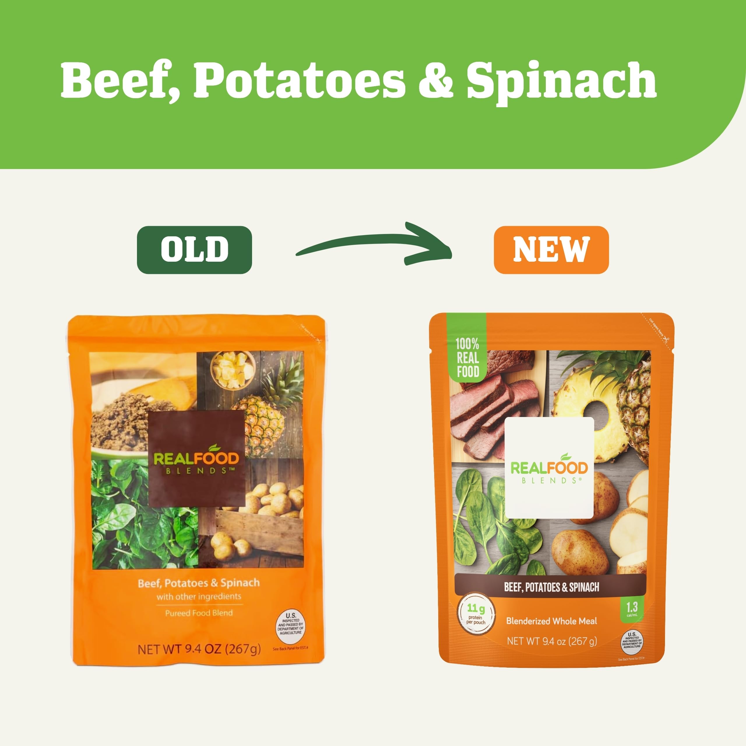 Real Food Blends Beef, Potatoes & Spinach Puree - High Protein Tube Feeding Meals with Vegetables & Fruits - 330 Calorie Nutrient-Rich Pureed Food for Adults & Seniors - 9.4 oz Pouch (12 Pack) - Ideal for G-Tube, PEG Tube & Meal Replacement